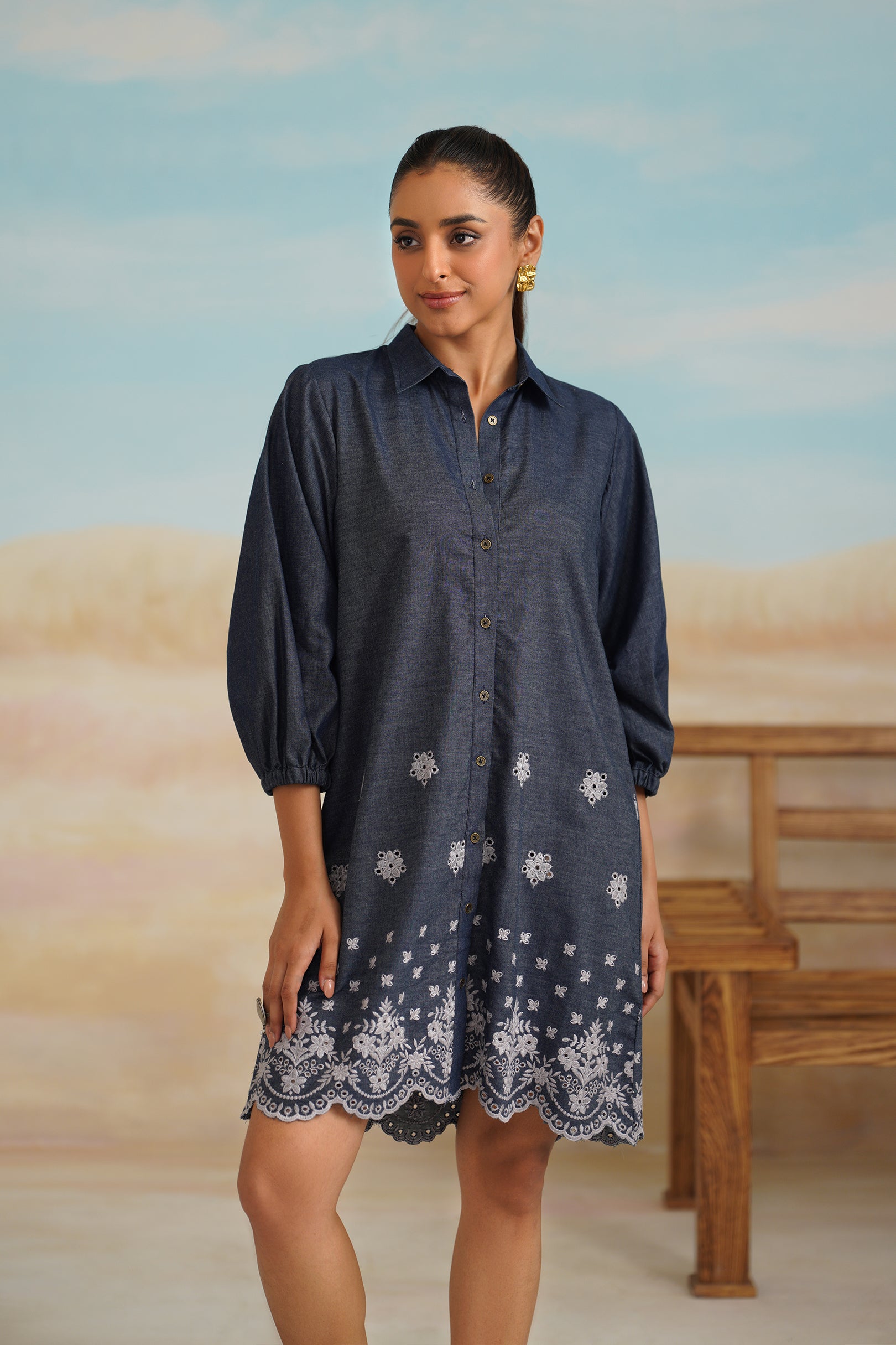 Flora Denim Embroidered Dress