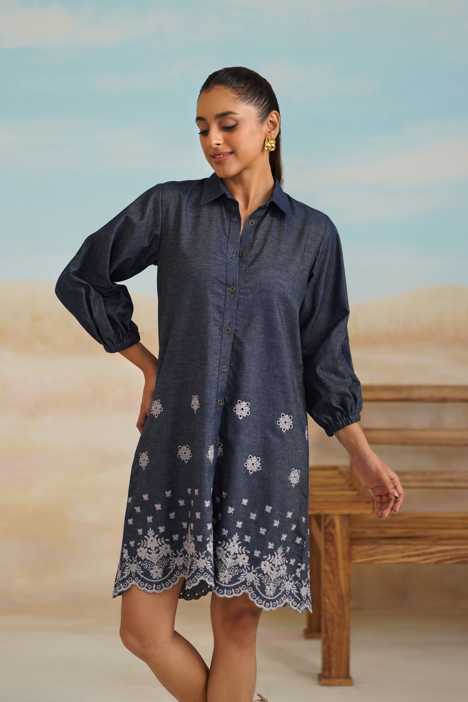 Flora Denim Embroidered Dress