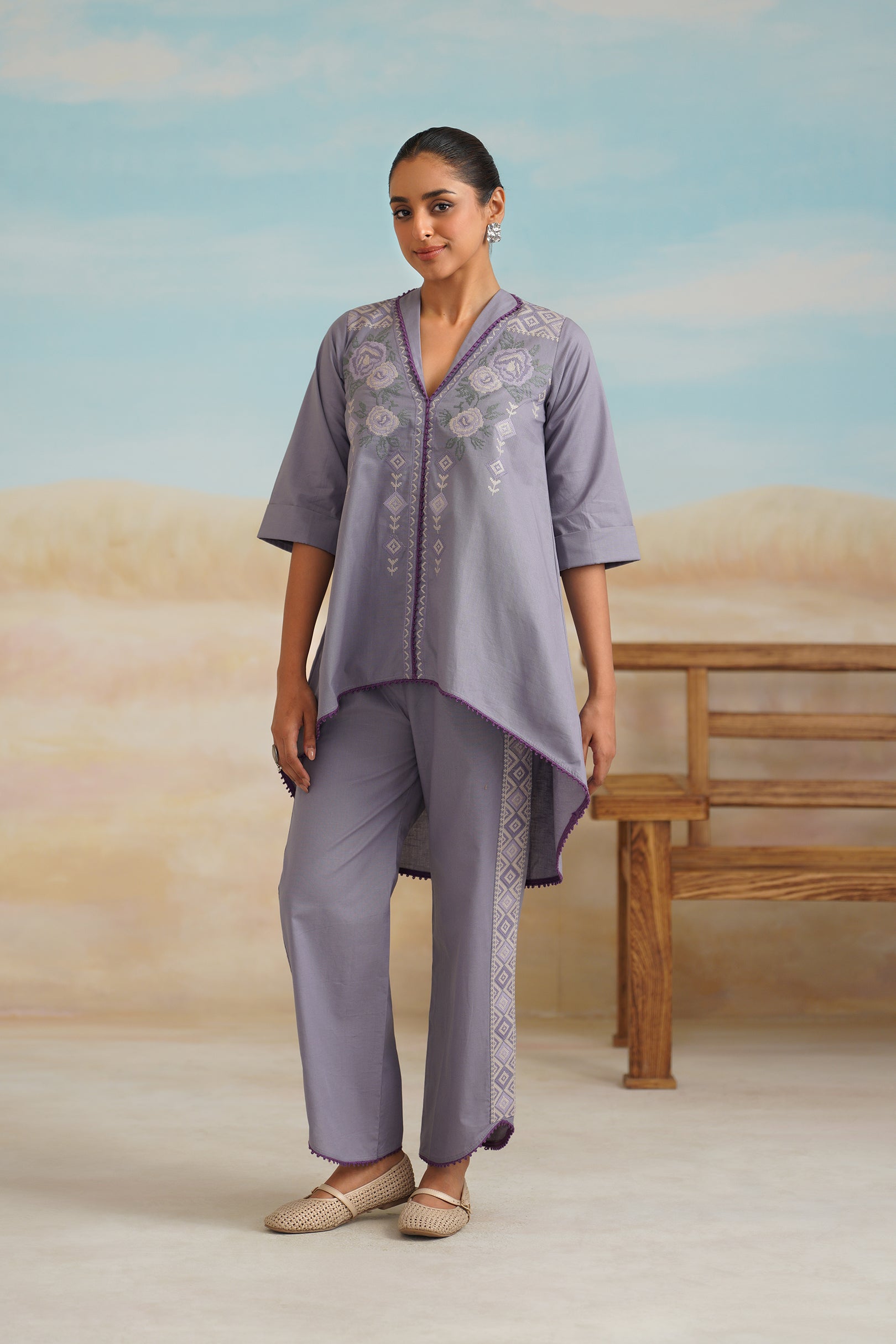 Loveen Cotton Linen Embroidered Matching Set