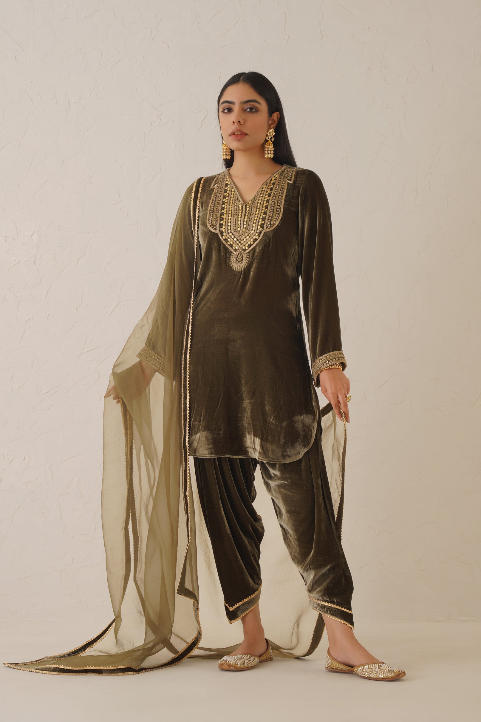 Olive Green Pure Velvet Hand Embroidered Suit Set