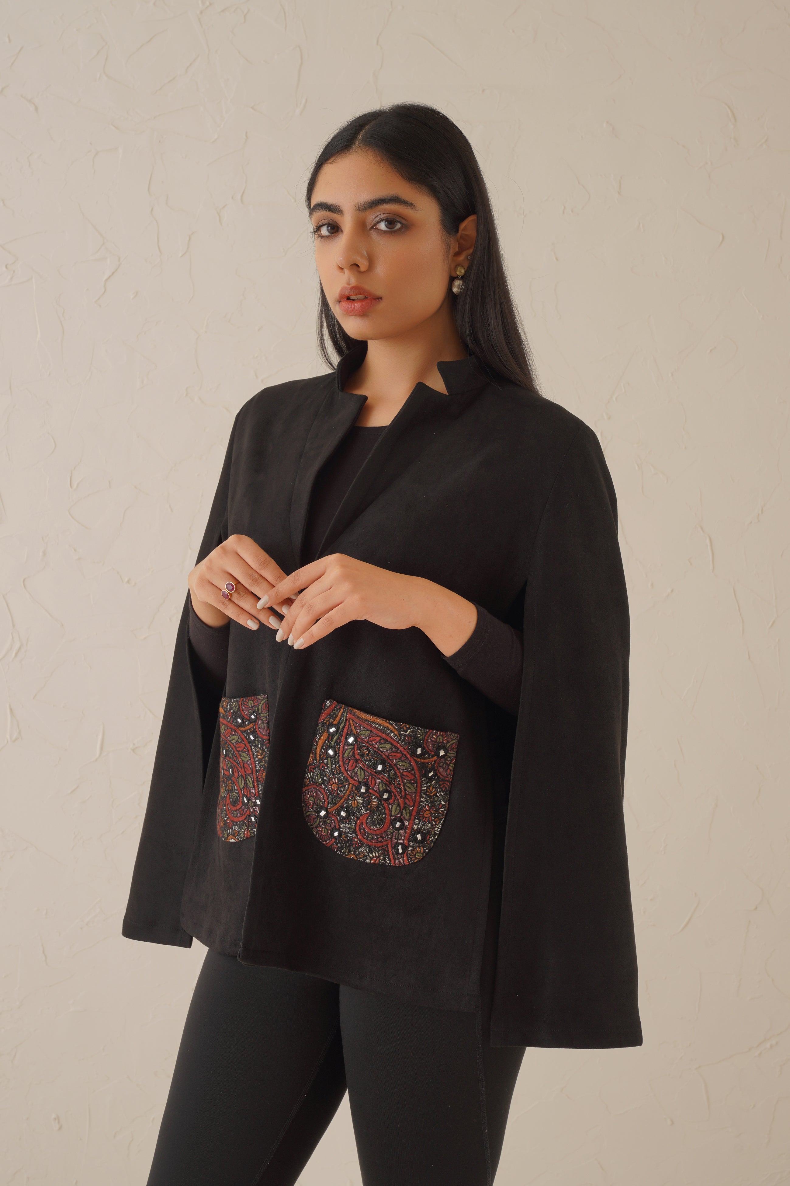 Black Suede Cape With Embroidered Pockets