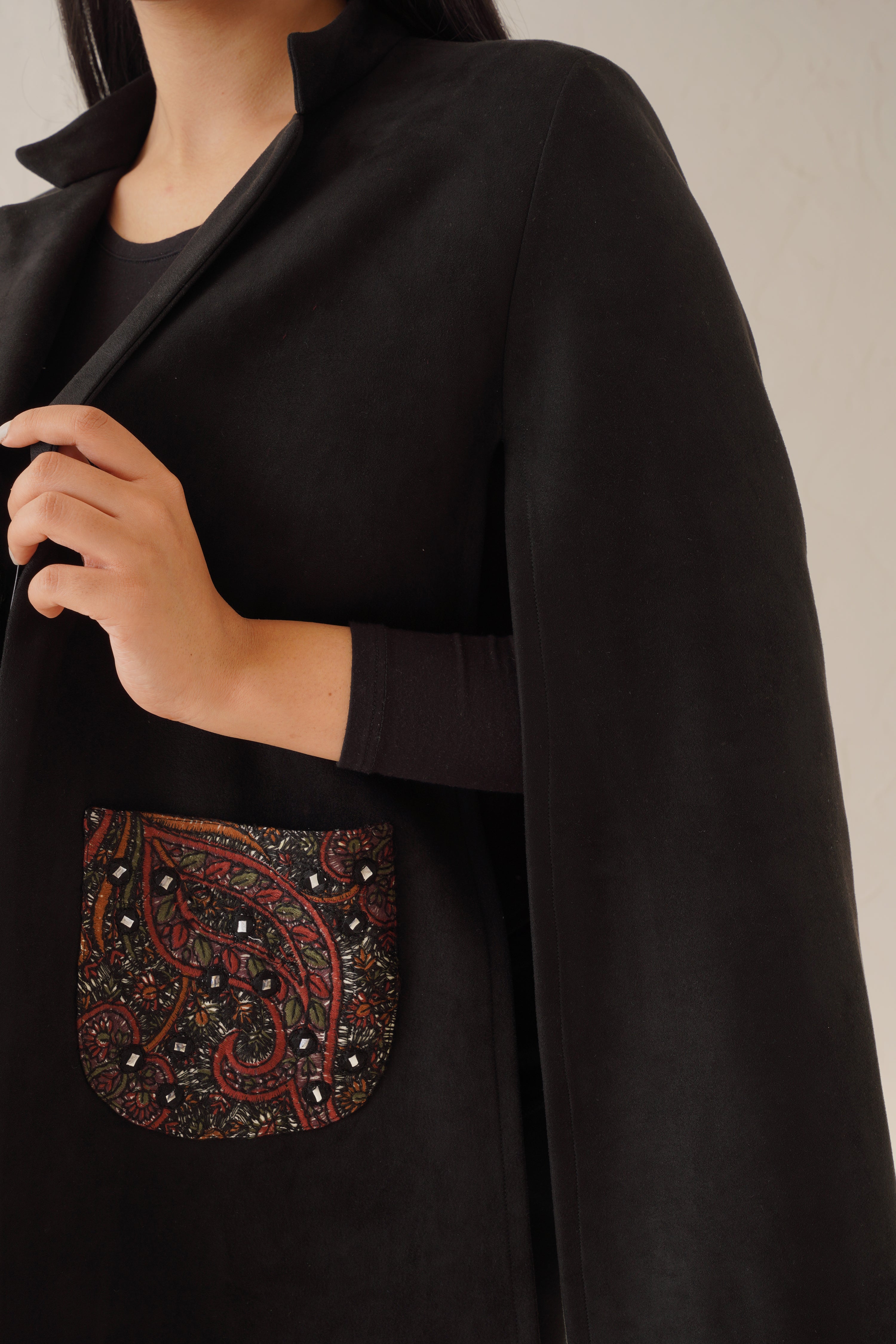Black Suede Cape With Embroidered Pockets