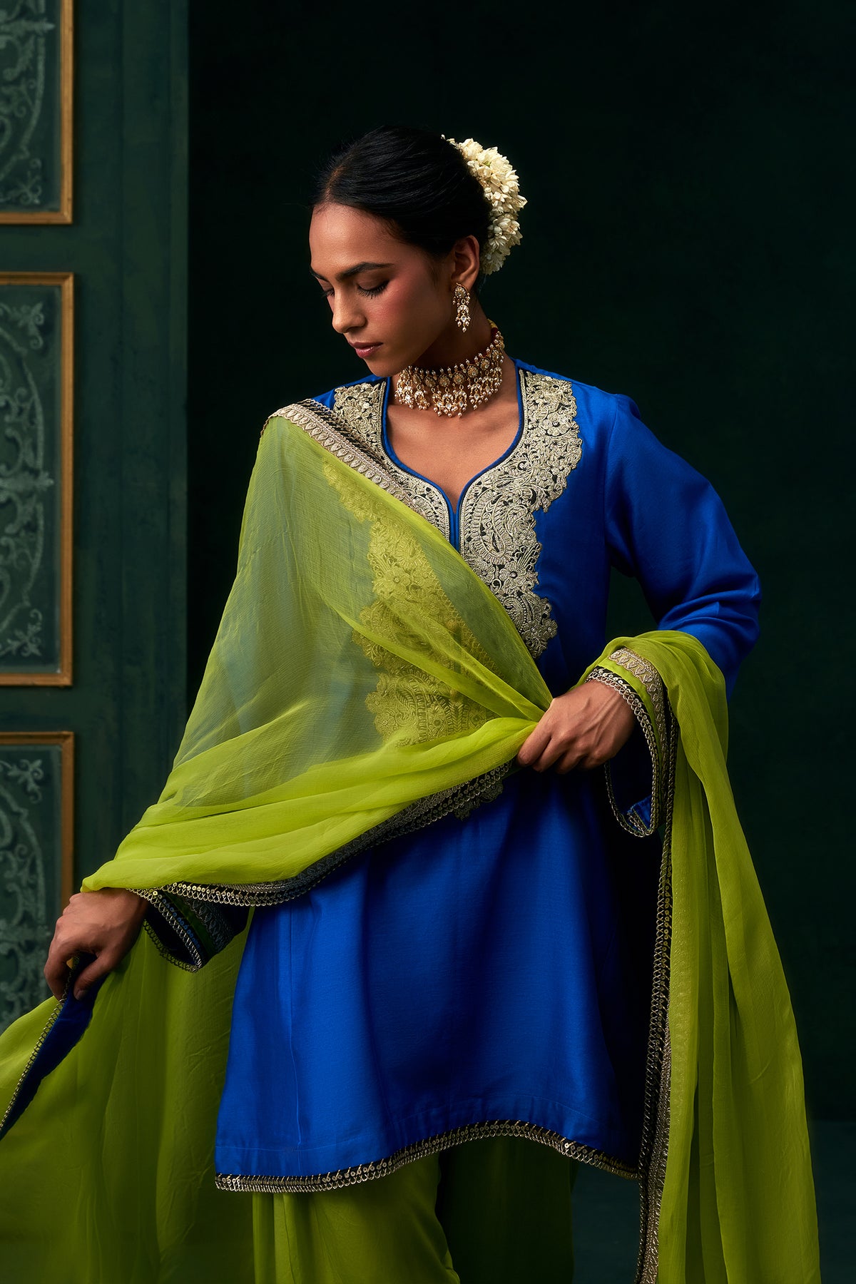 Aafiya Chanderi Satin Embroidered Suit Set