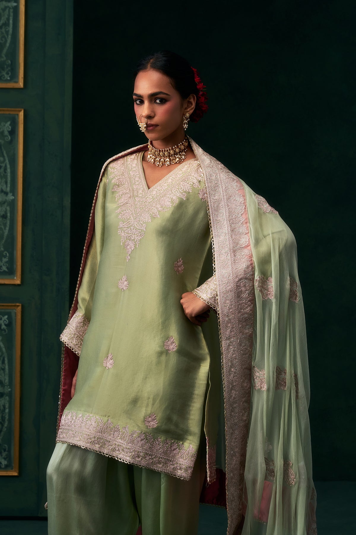 Saira Tissue Satin Embroidered Suit Set