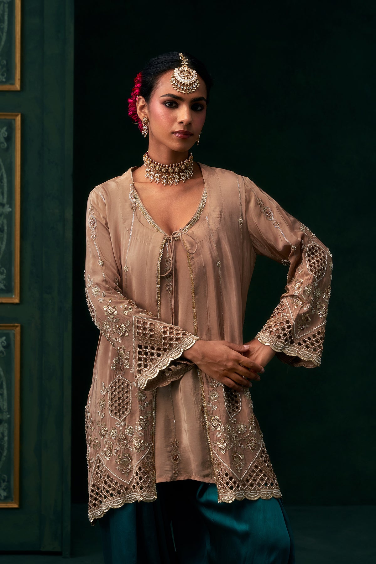 Elina Crepe Embroidered Jacket Set