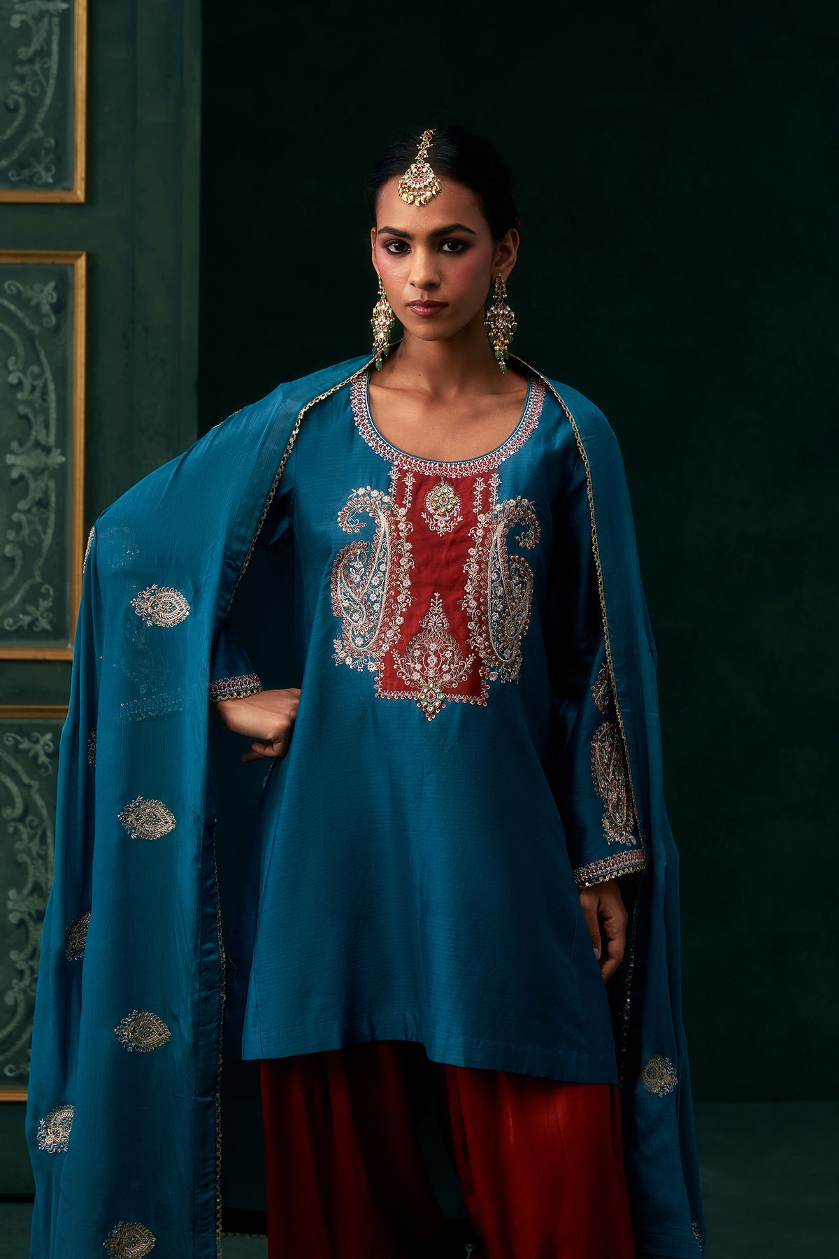 Amani Chanderi Satin Embroidered Suit Set