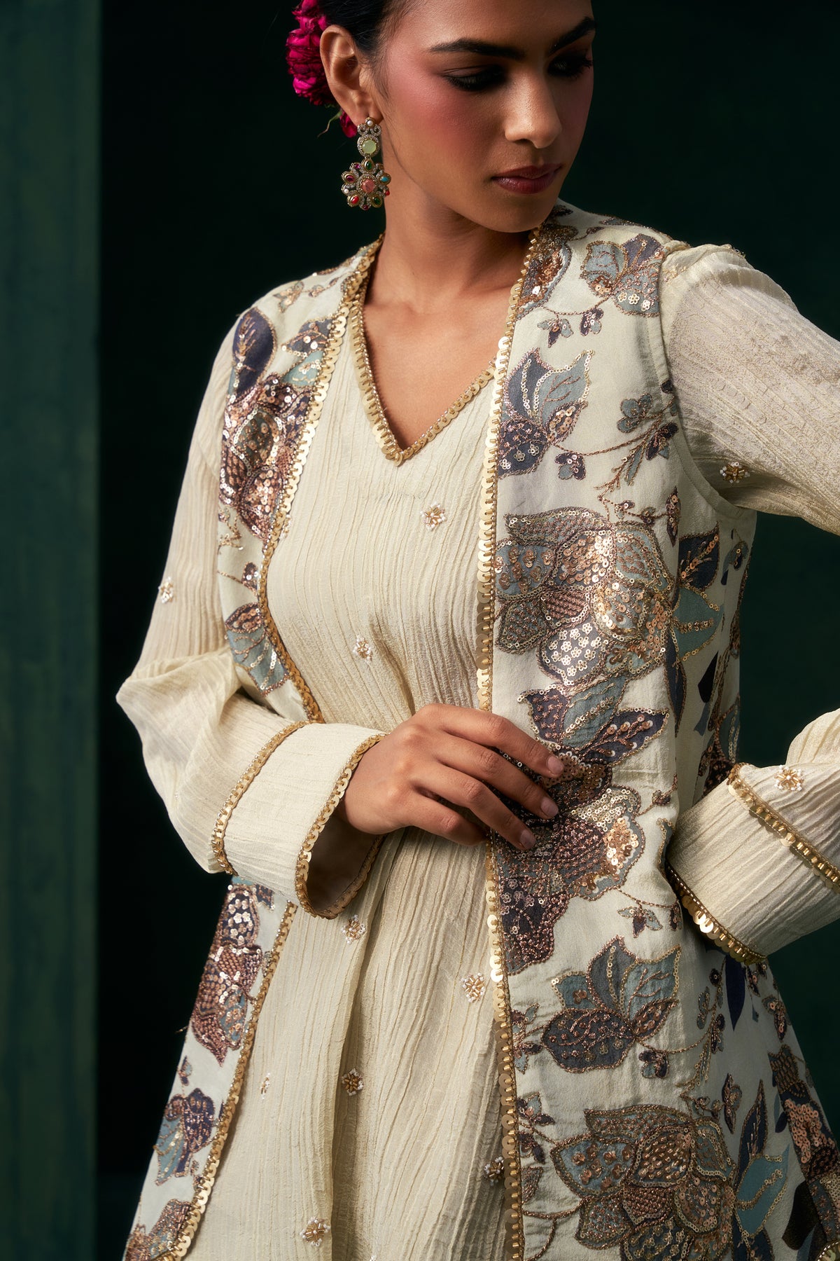 Yashvi Crinkled Tissue Embroidered Jacket Set
