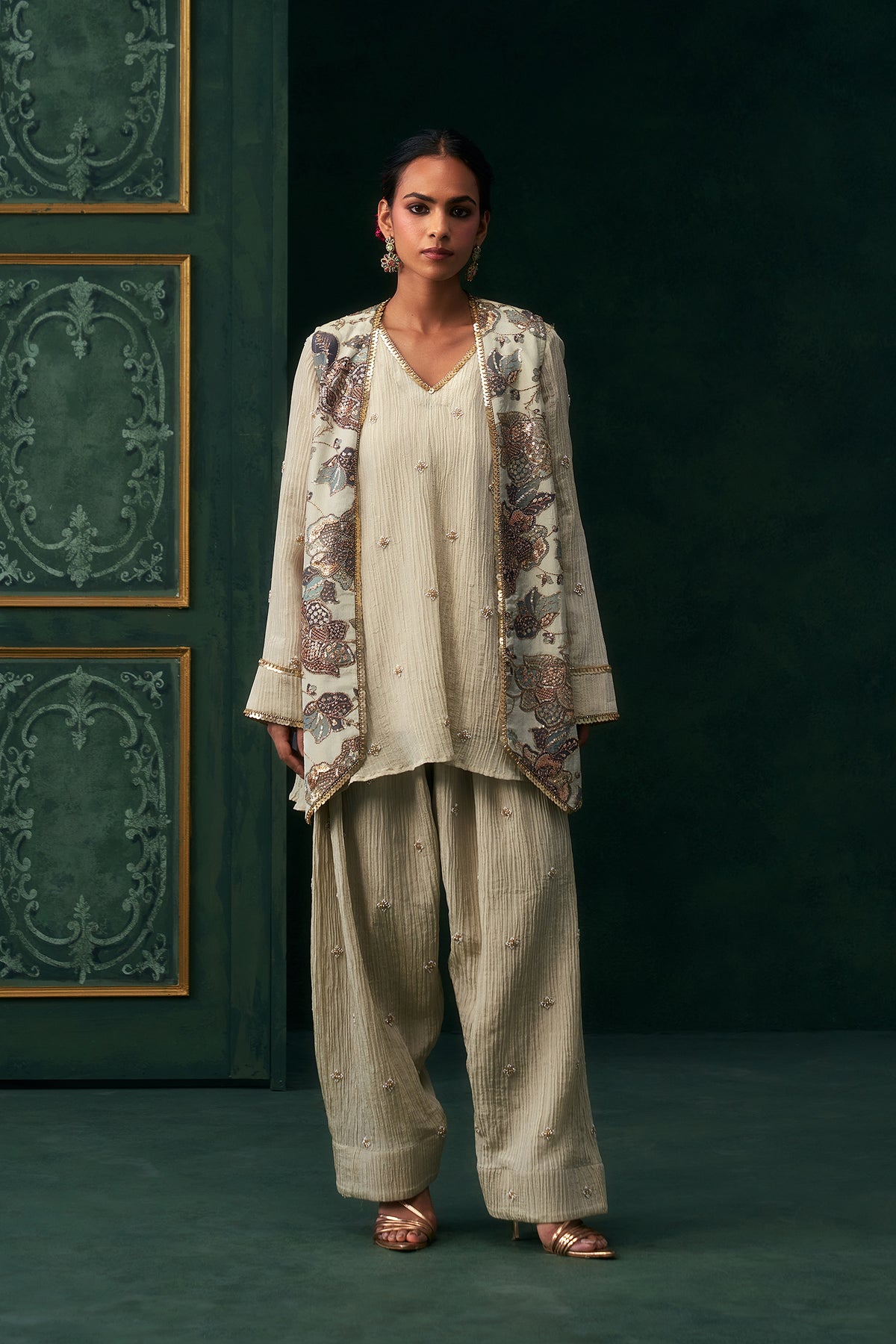 Yashvi Crinkled Tissue Embroidered Jacket Set