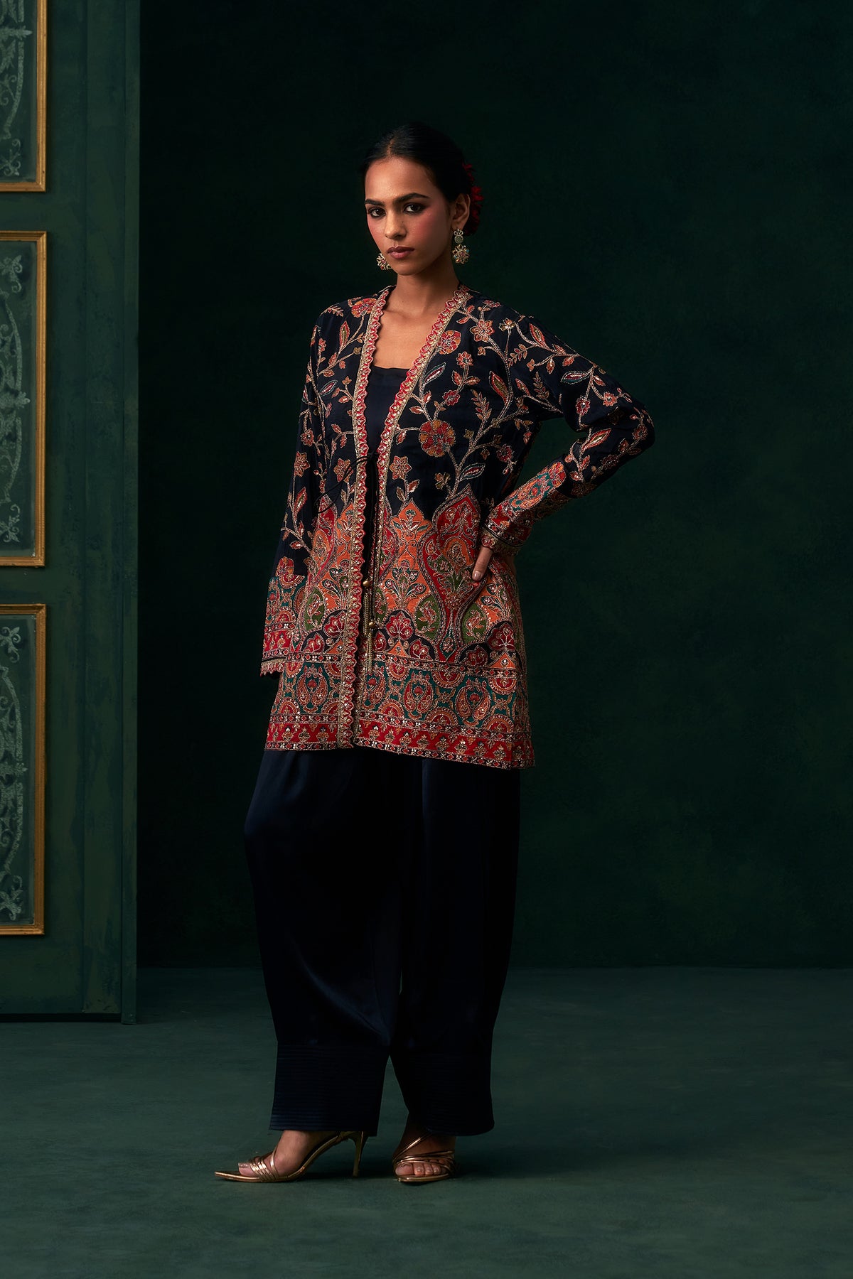 Nirva Crepe Satin Embroidered Jacket Set