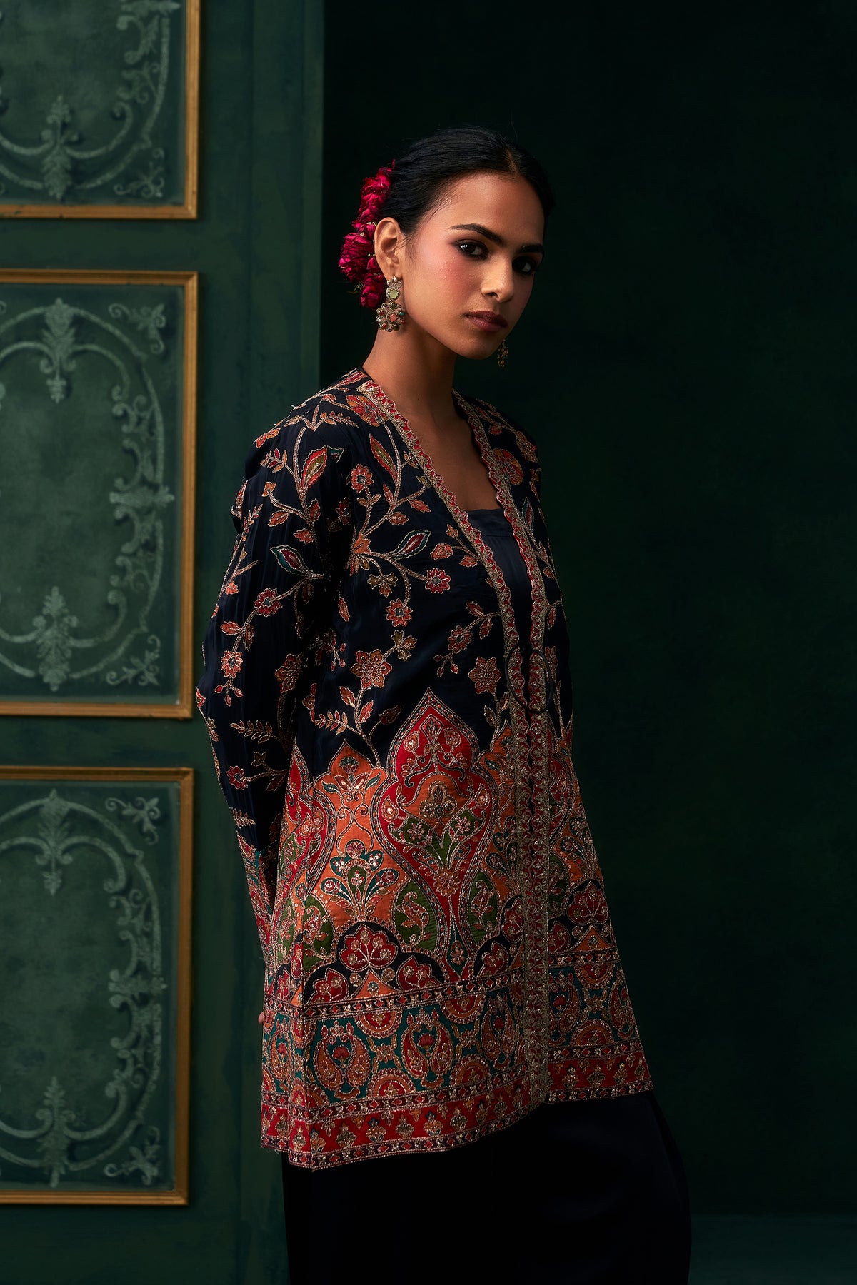 Nirva Crepe Satin Embroidered Jacket Set