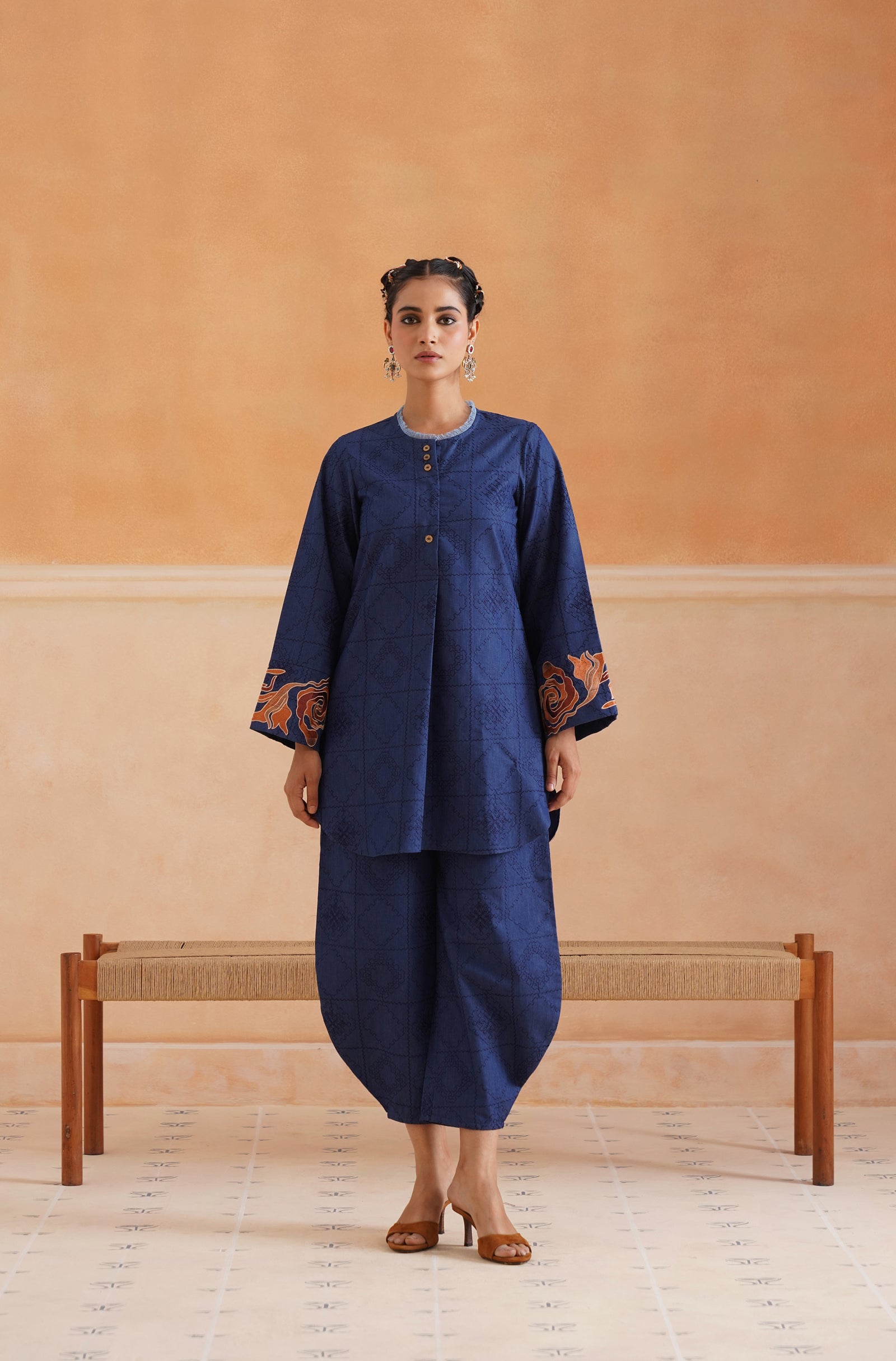 Sarah Cotton Denim Embroidered Matching Set With Barrel Pants - Neetika Chopra