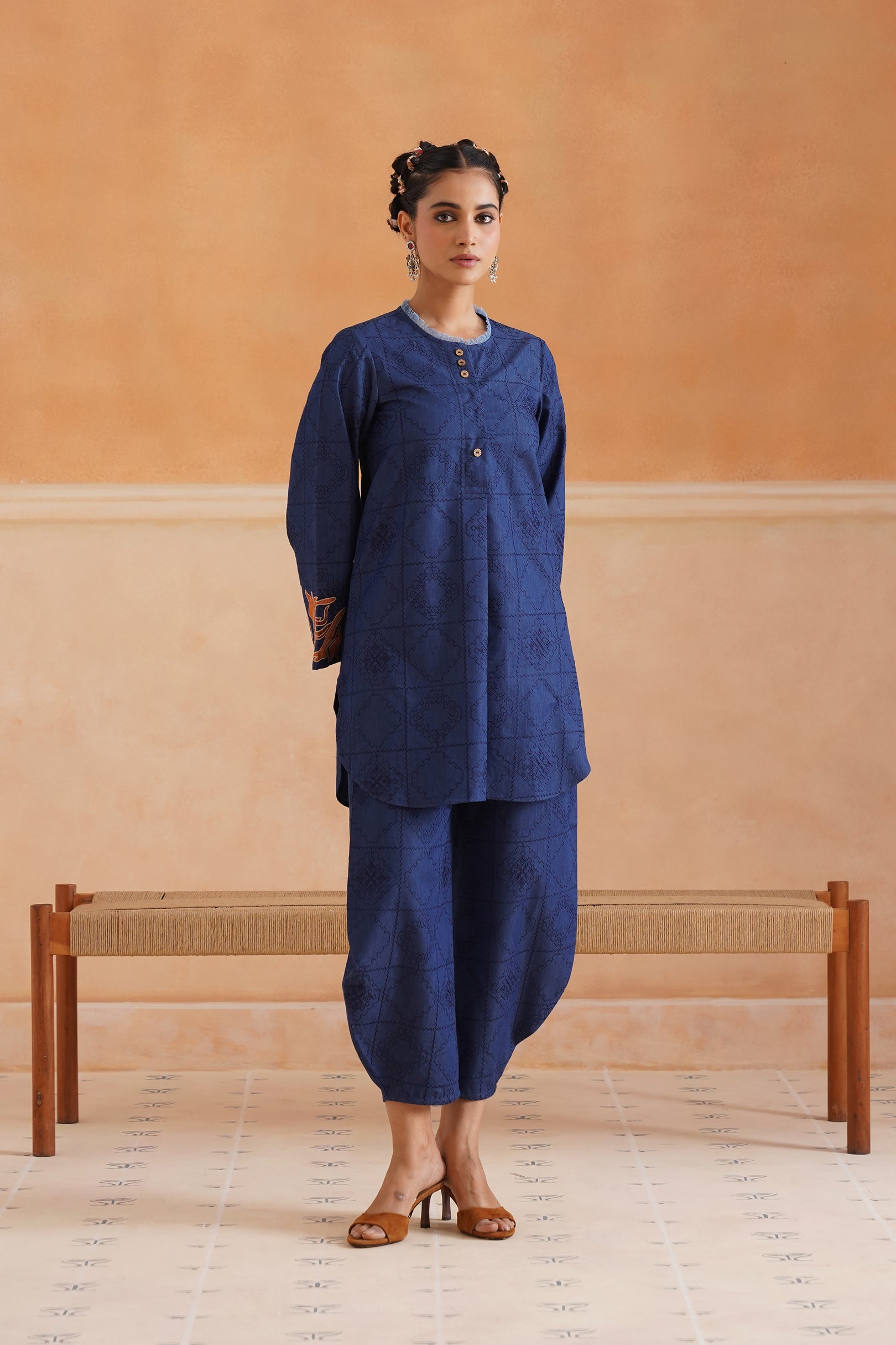 Sarah Cotton Denim Embroidered Matching Set With Barrel Pants - Neetika Chopra