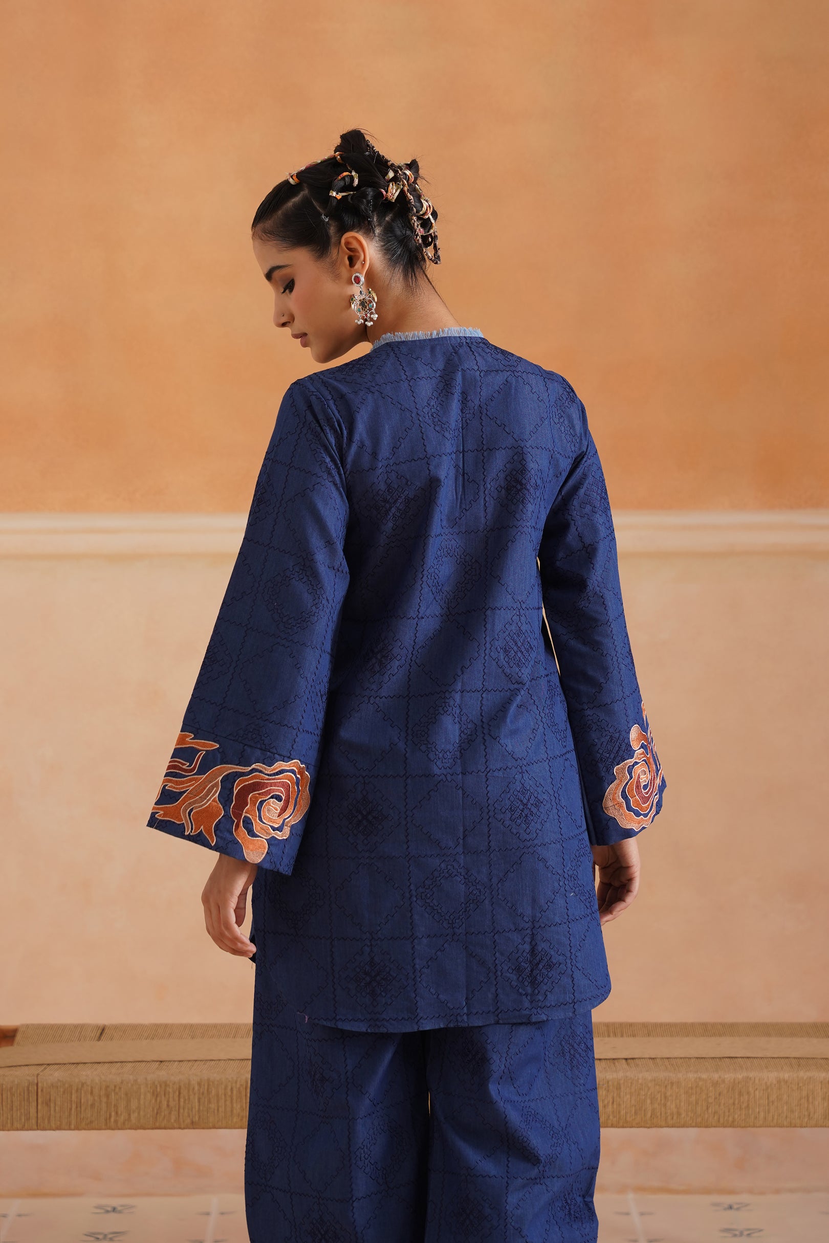 Sarah Cotton Denim Embroidered Matching Set With Barrel Pants - Neetika Chopra