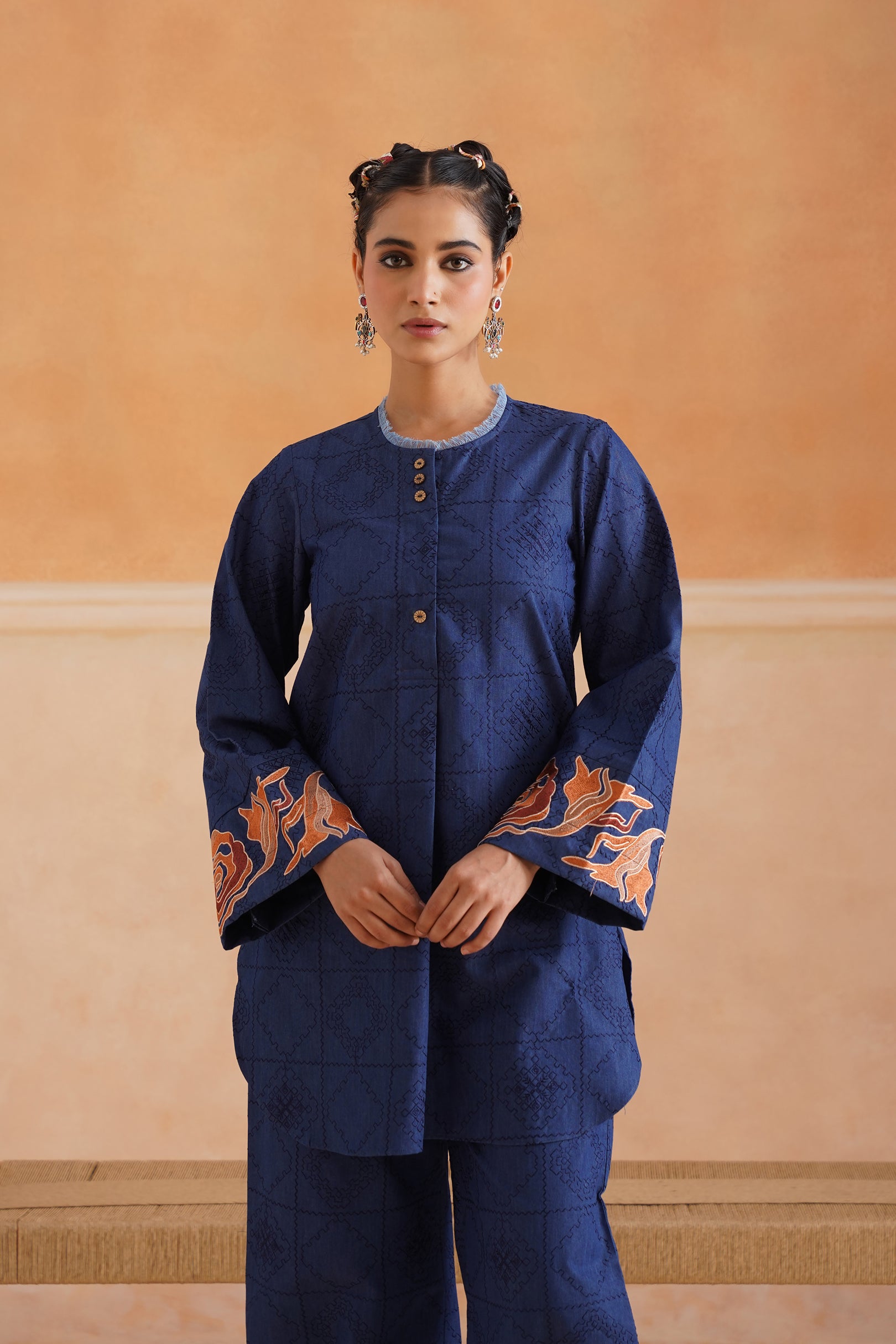 Sarah Cotton Denim Embroidered Matching Set With Barrel Pants - Neetika Chopra