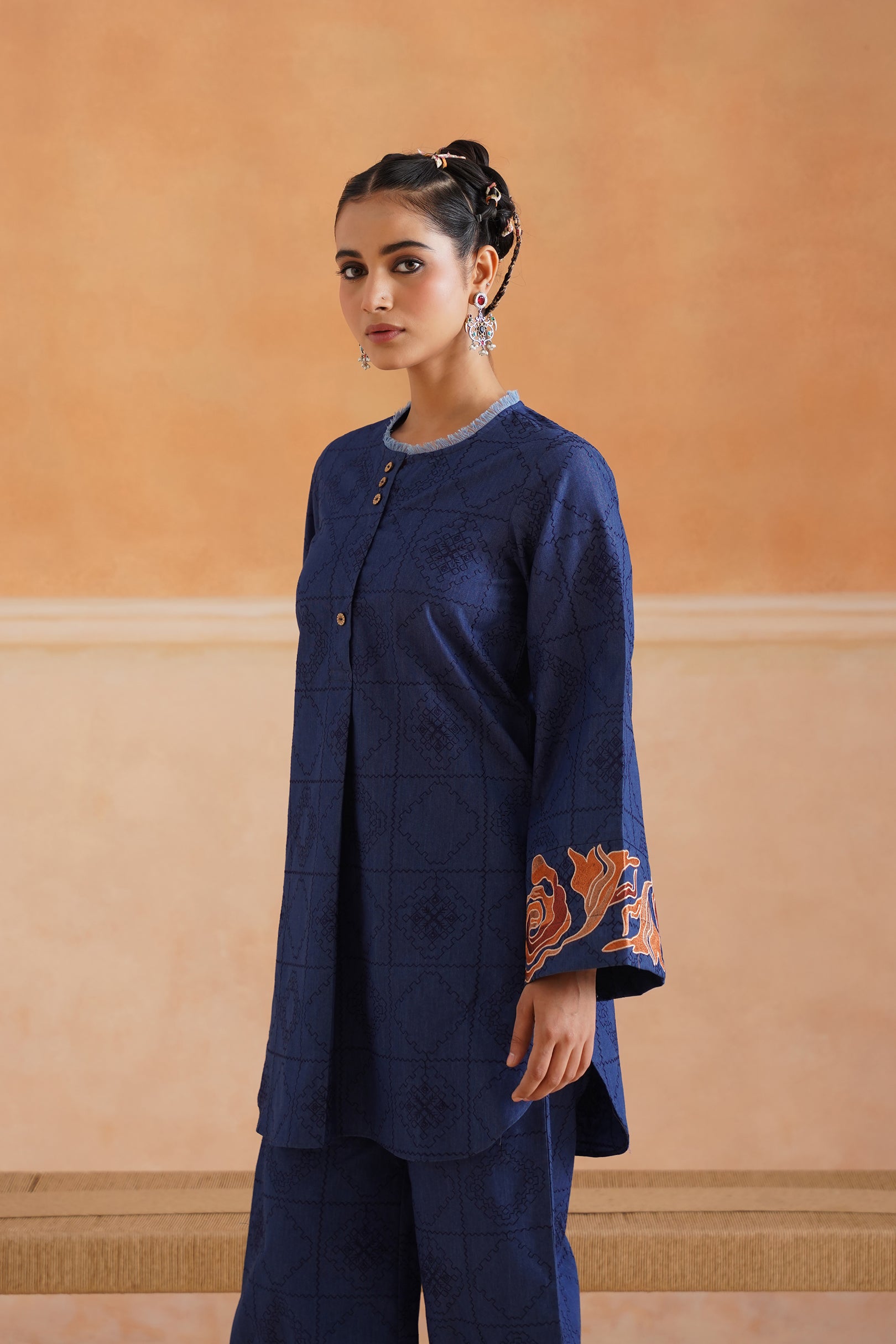 Sarah Cotton Denim Embroidered Matching Set With Barrel Pants - Neetika Chopra