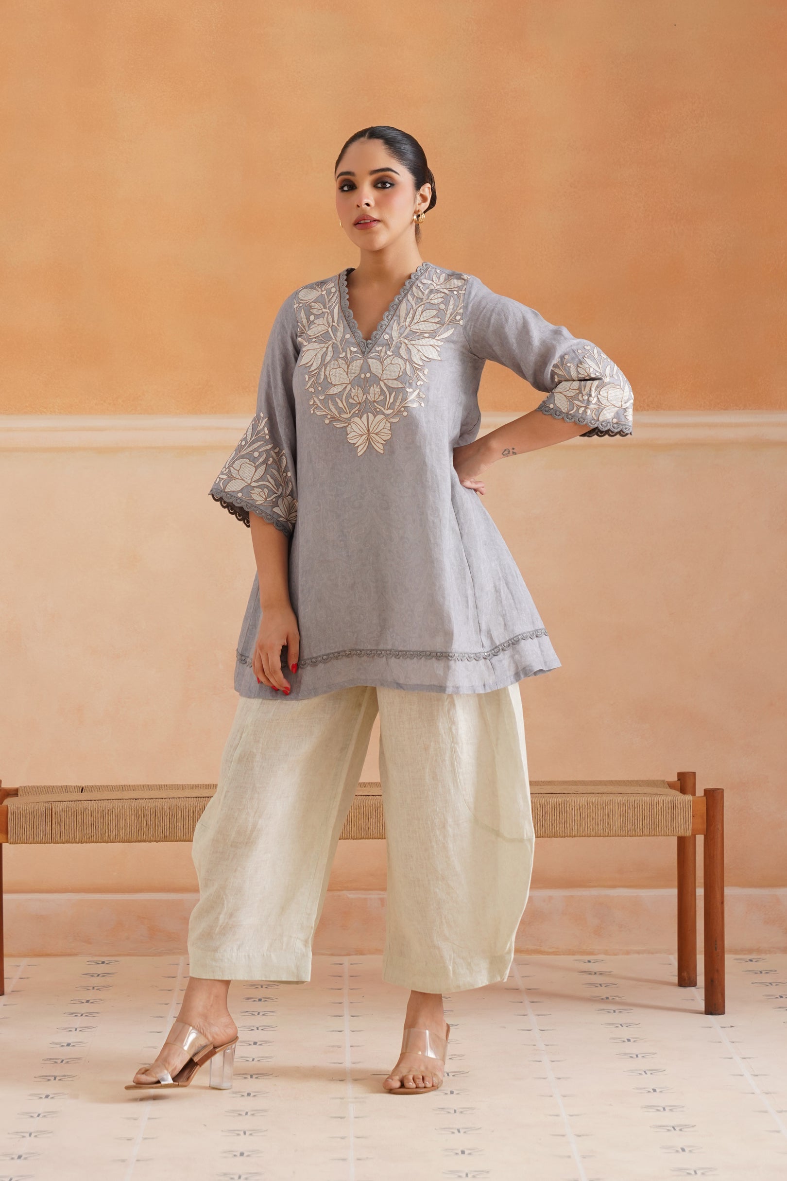Faye Pure Linen Embroidered Matching Set - Neetika Chopra