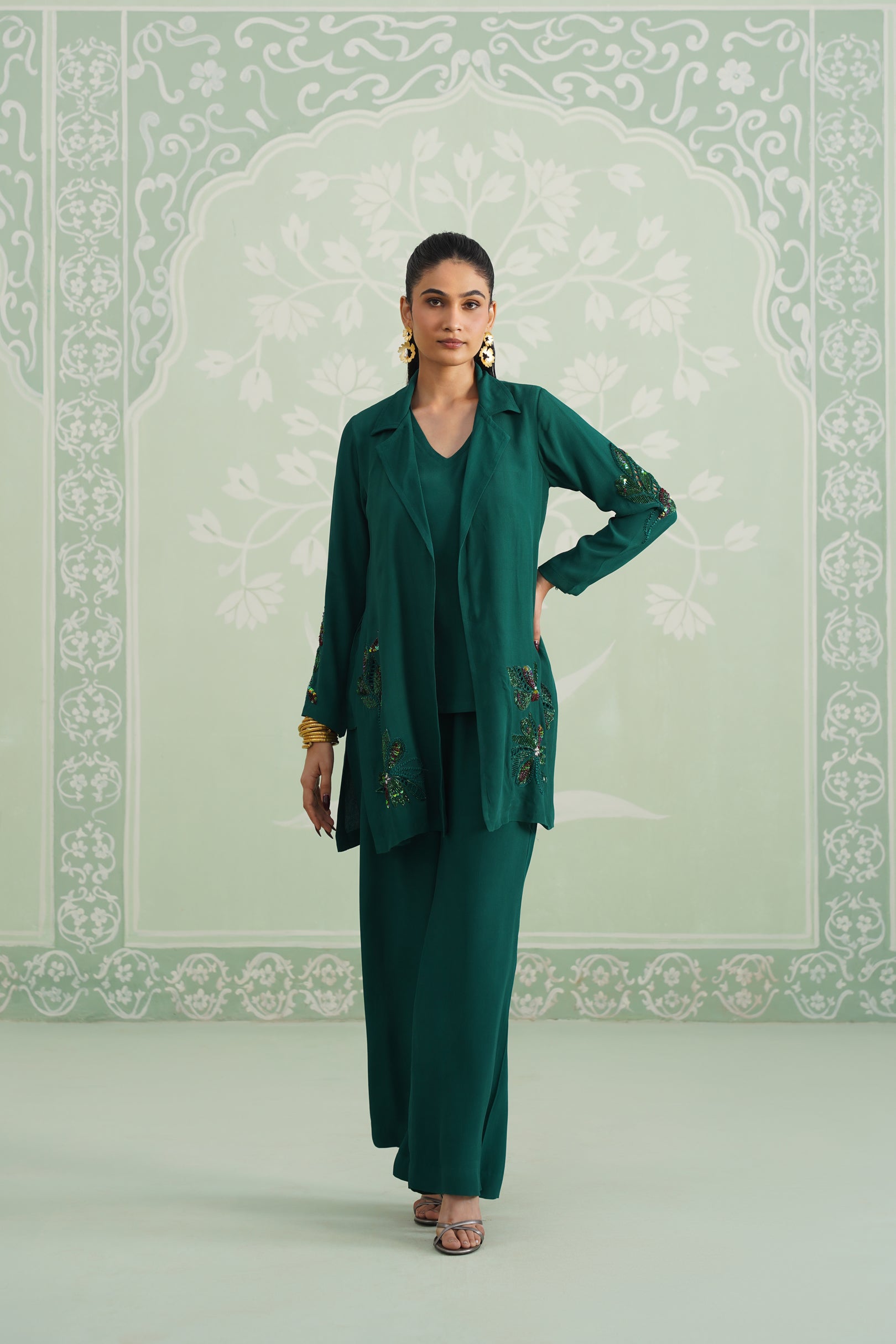 Pine Satin Crepe Embroidered Matching Set