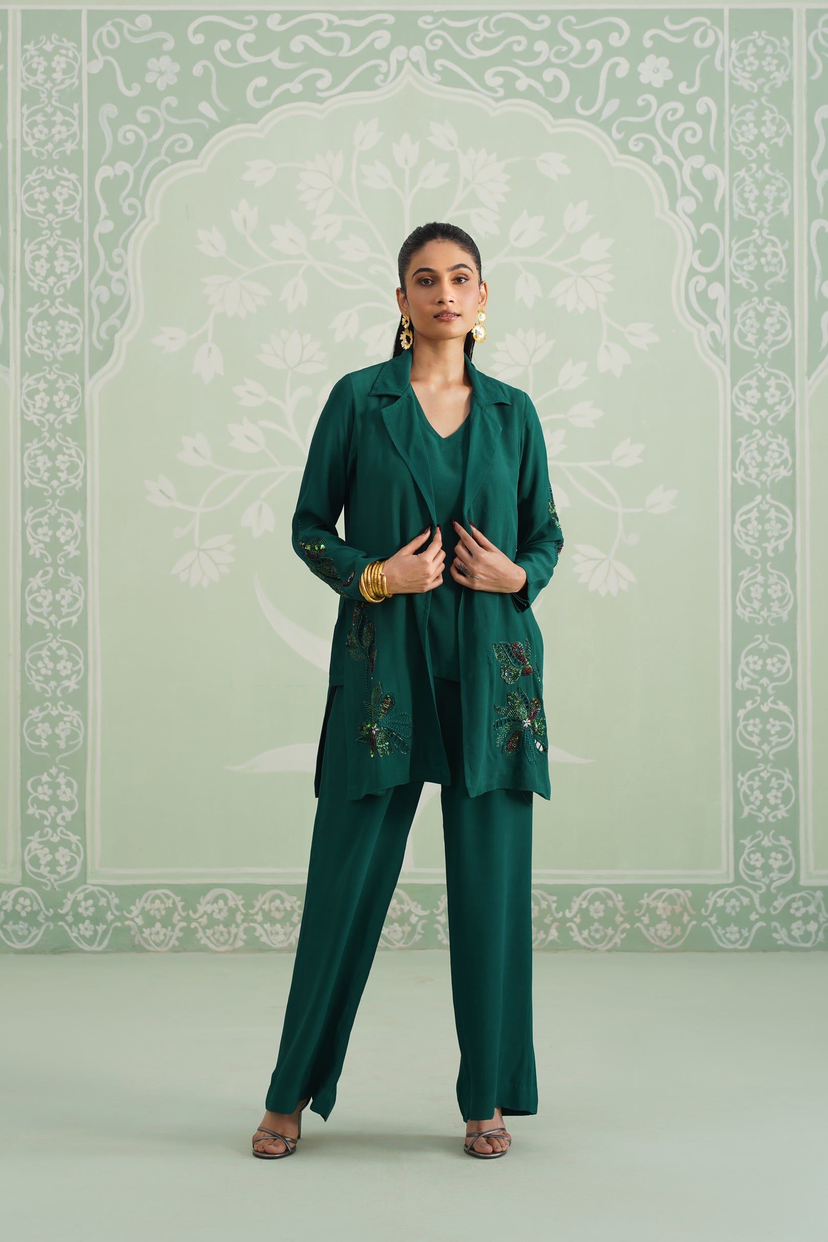 Pine Satin Crepe Embroidered Matching Set