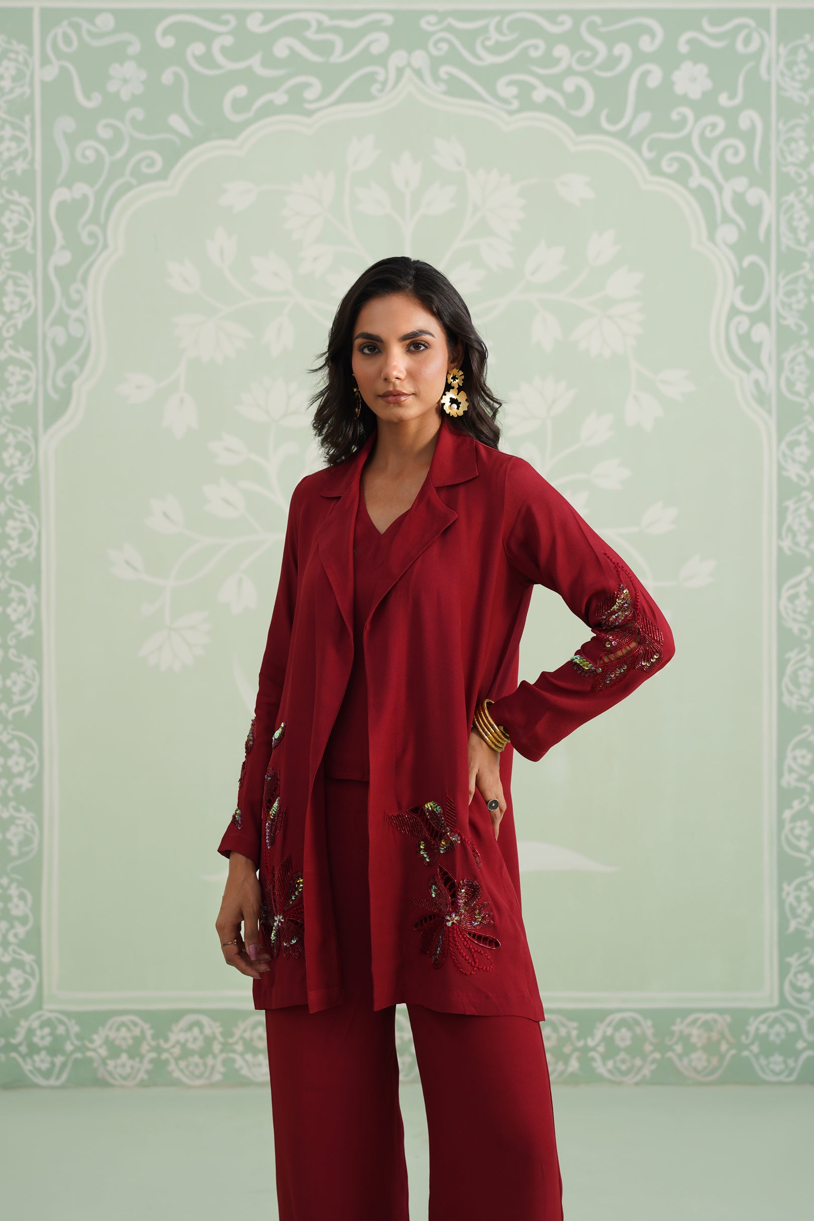 Sangria Satin Crepe Embroidered Matching Set
