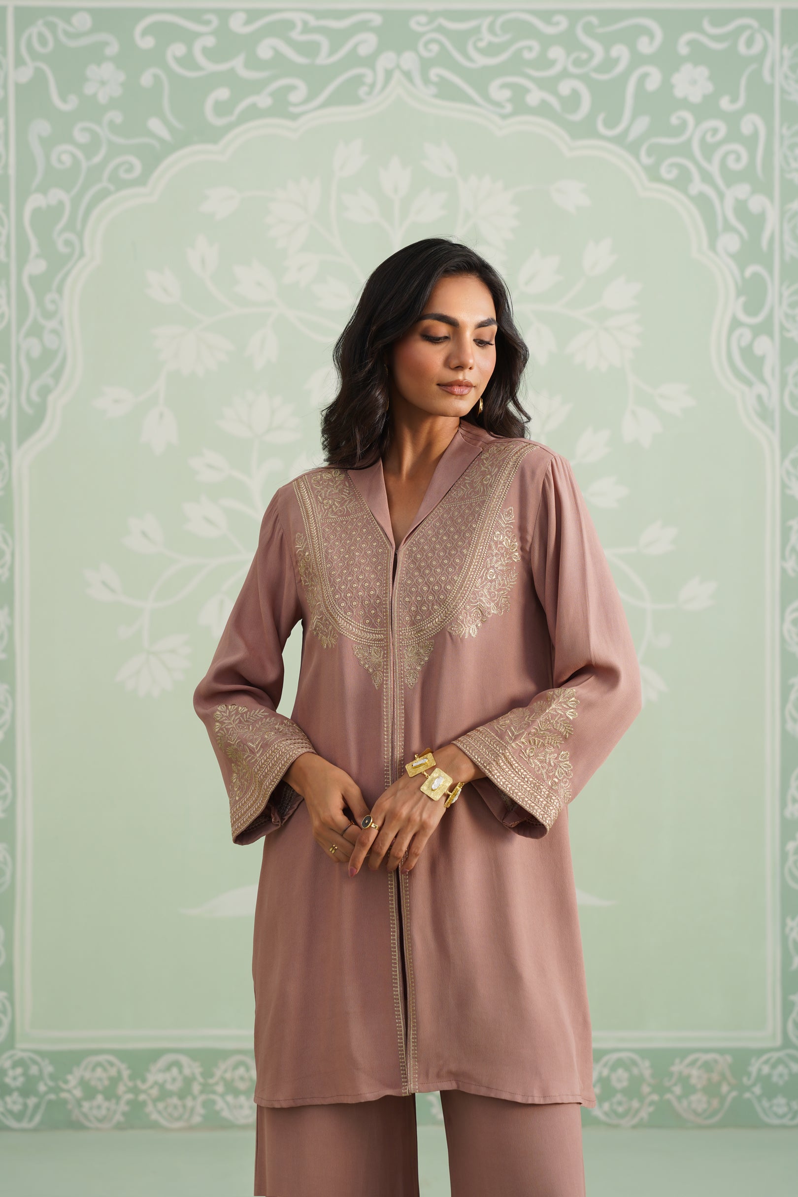 Blush Satin Crepe Embroidered Matching Set