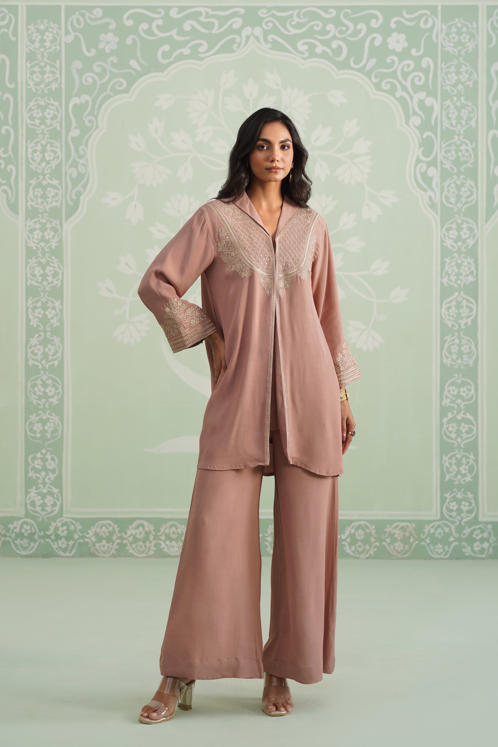 Blush Satin Crepe Embroidered Matching Set
