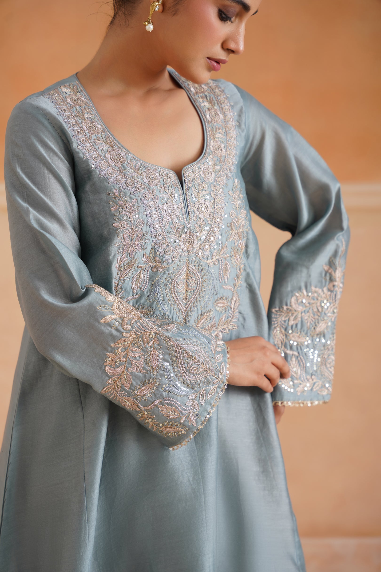 Riddhi Chanderi Satin Embroidered Matching Set - Neetika Chopra