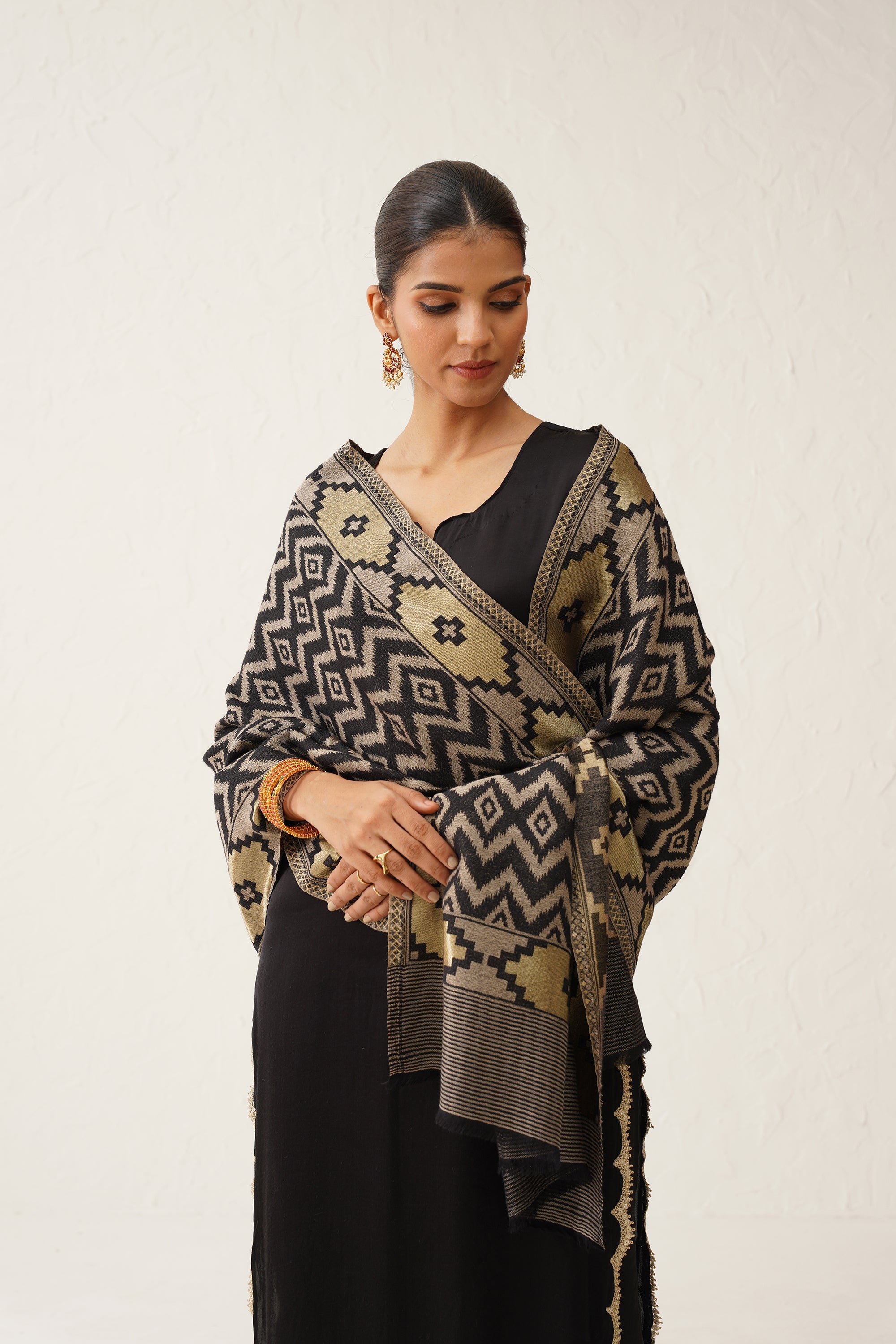 Black Ikat Woollen Shawl - Neetika Chopra