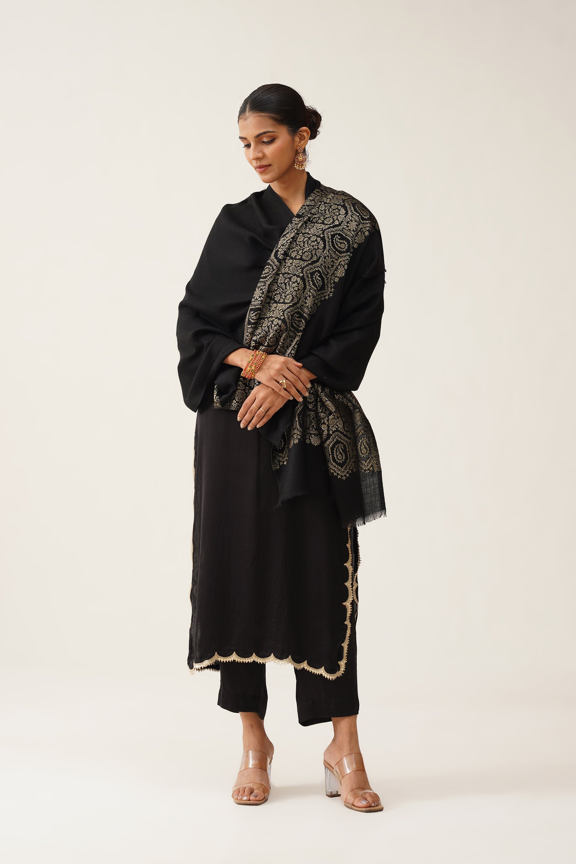 Black Woollen Shawl With Lurex - Neetika Chopra
