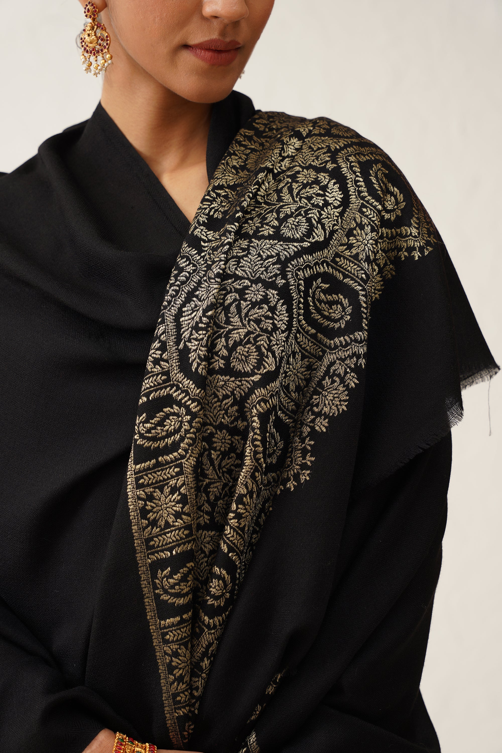 Black Woollen Shawl With Lurex - Neetika Chopra