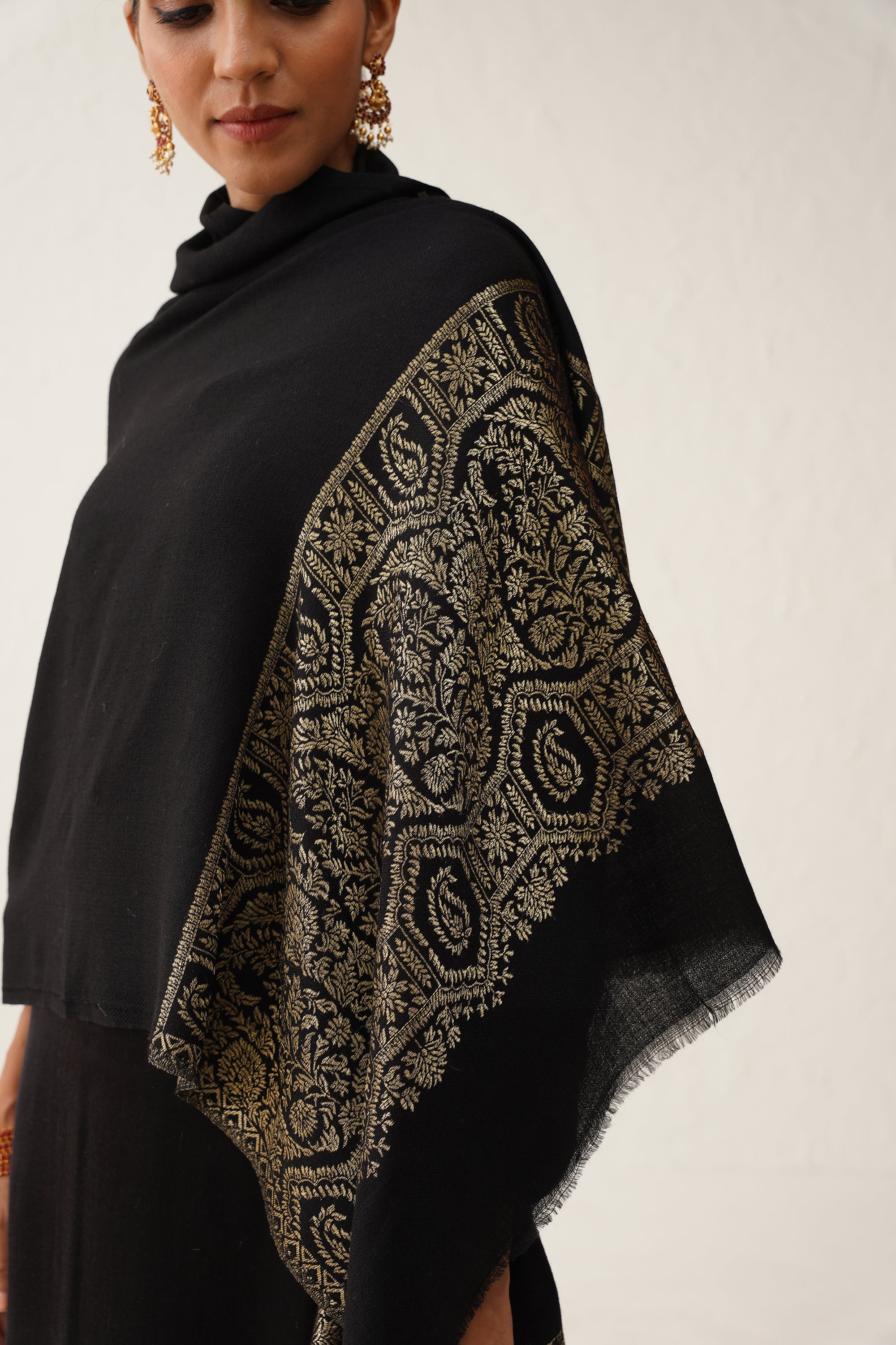 Black Woollen Shawl With Lurex - Neetika Chopra