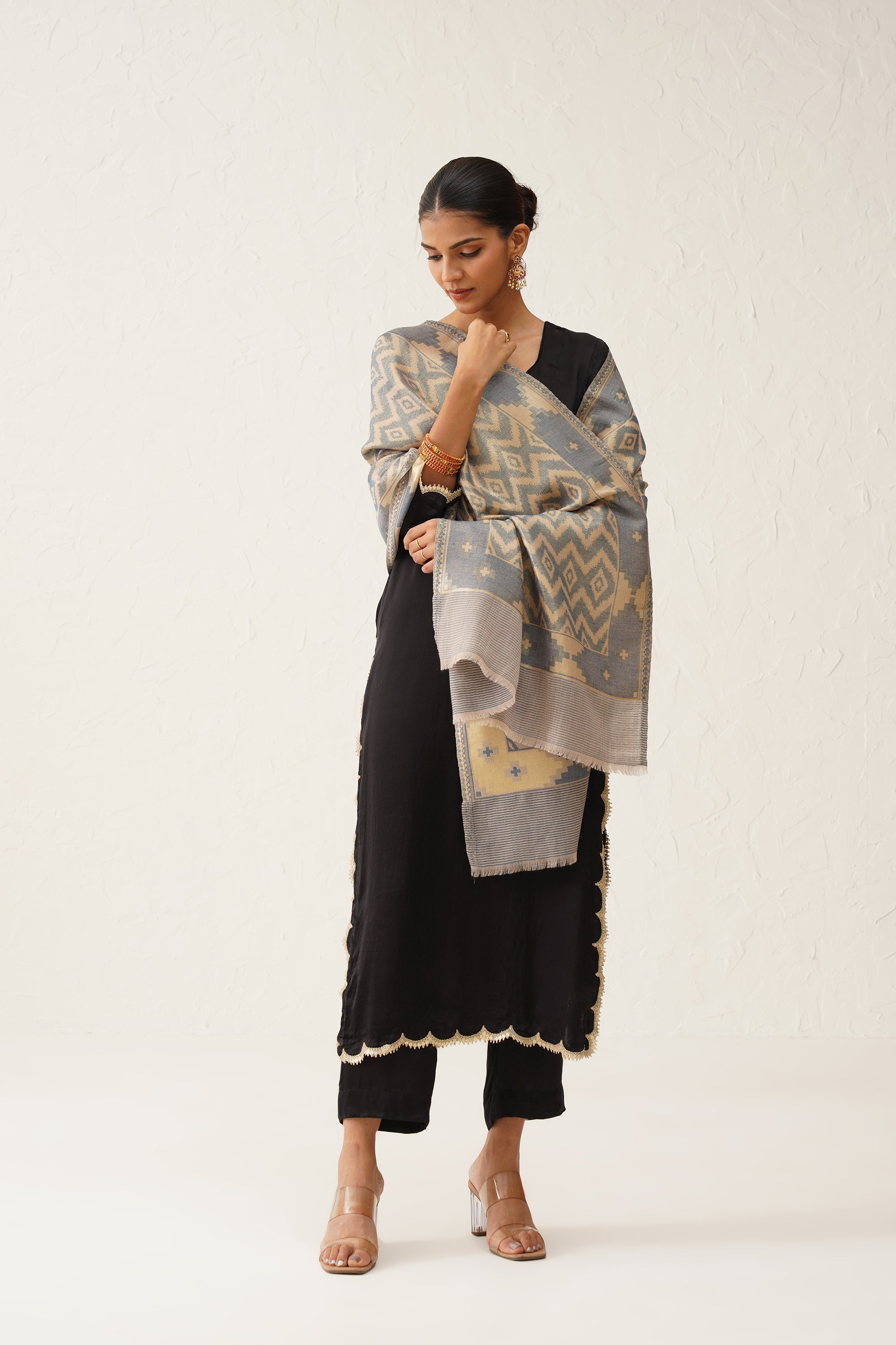 Ikat Grey Lurex Woollen Shawl - Neetika Chopra