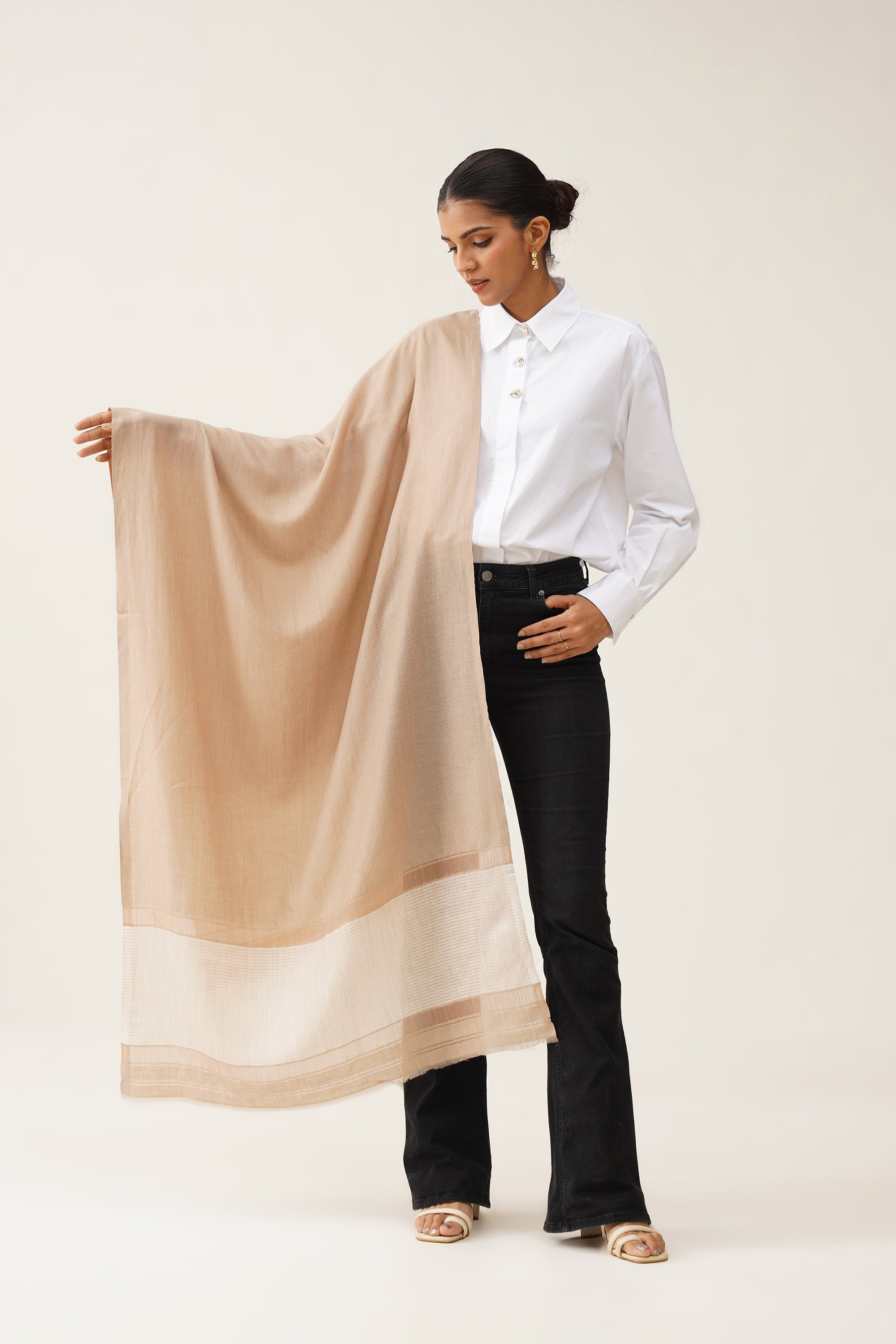 Beige Herringbone Lurex Stole - Neetika Chopra
