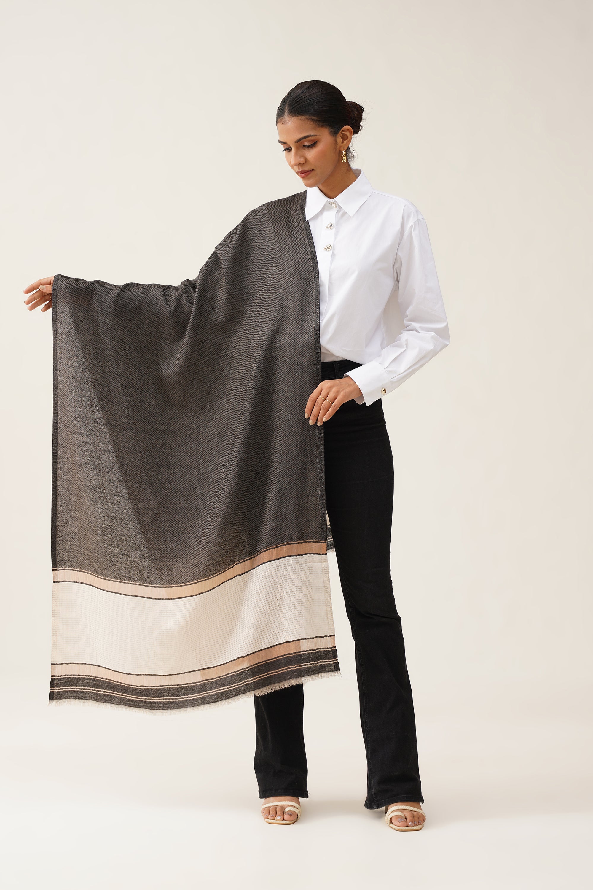 Grey Herringbone Lurex Stole - Neetika Chopra