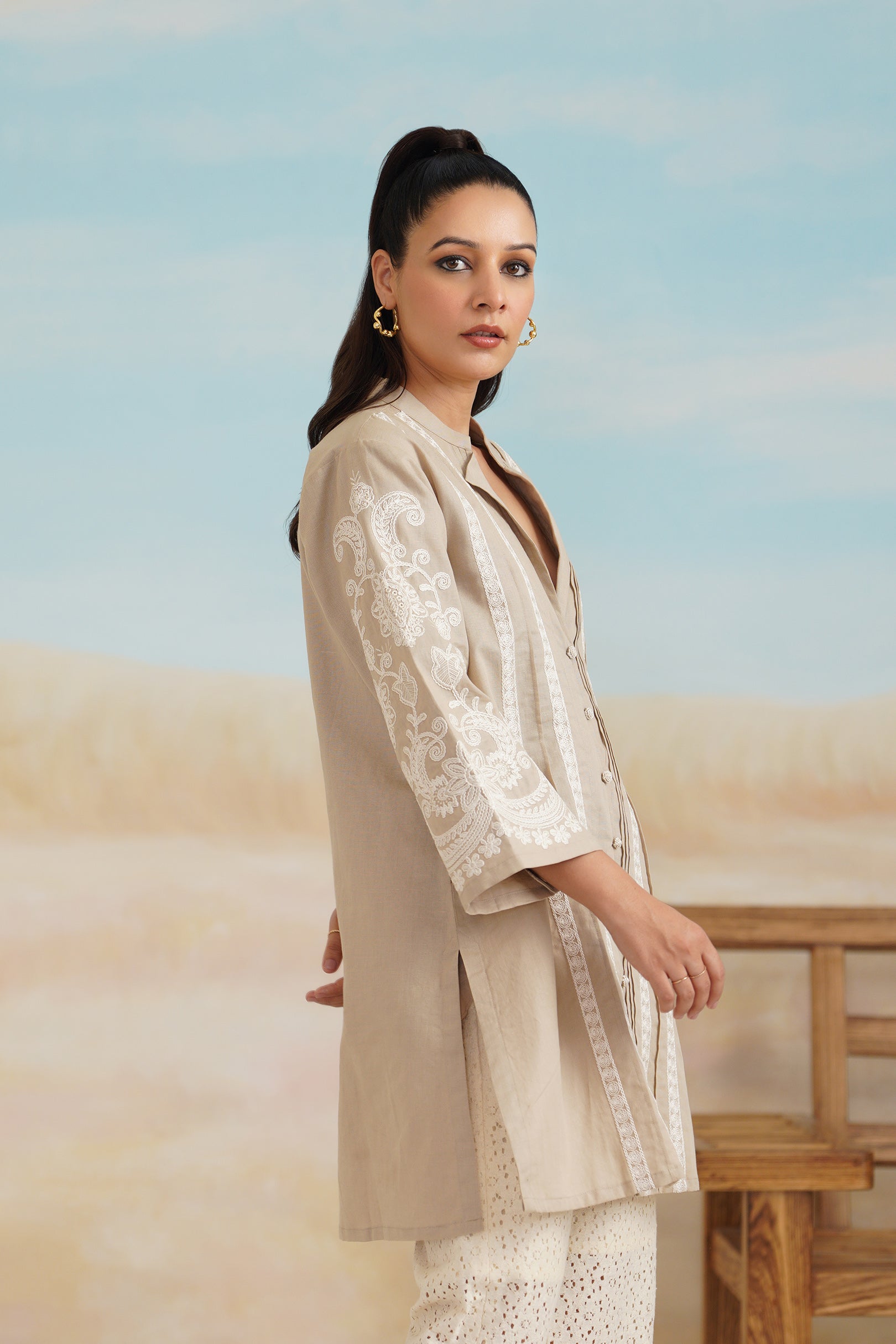 Saanvi Cotton Linen Embroidered Top