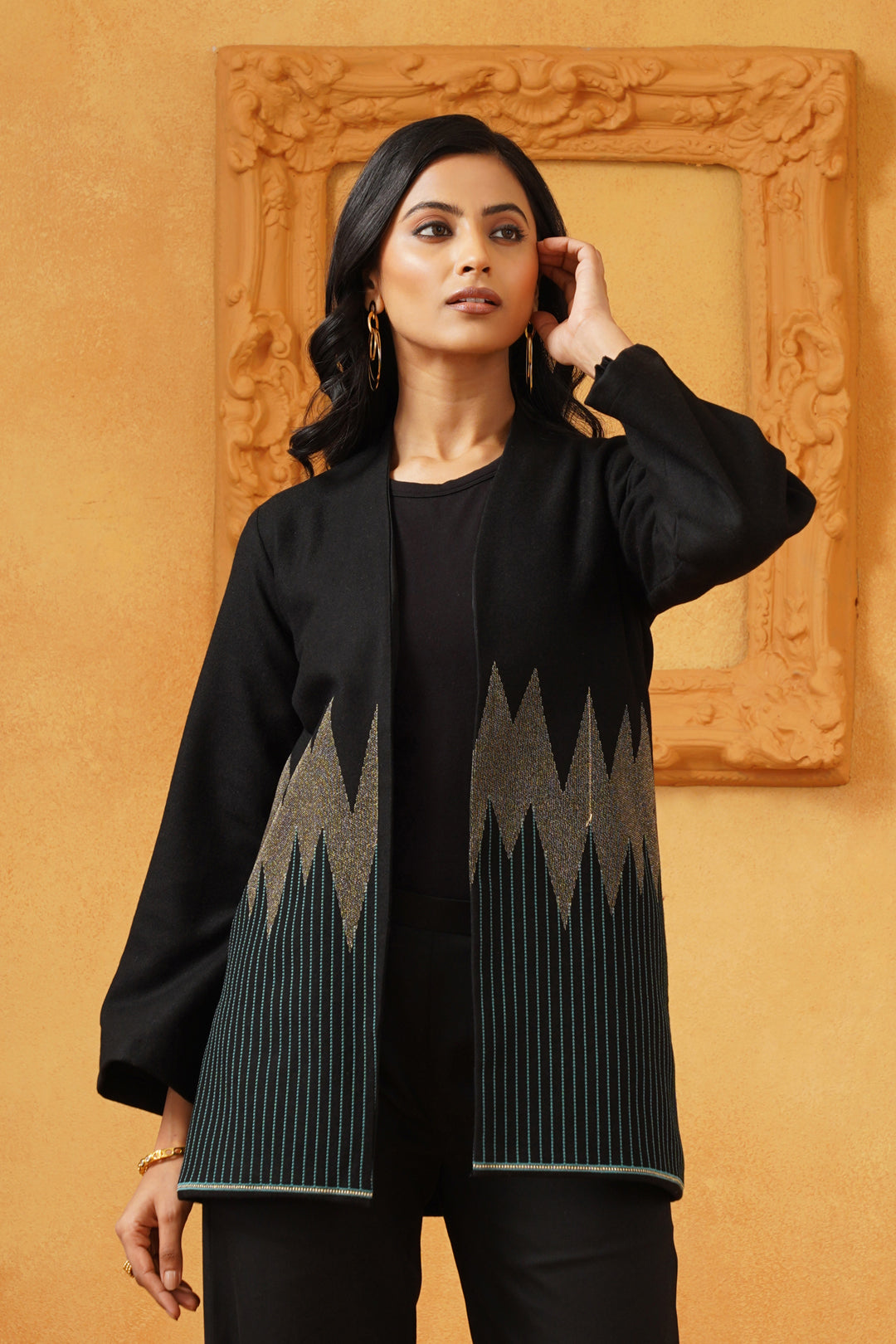 Black & Blue Lurex Tweed Embroidered Only Jacket - Neetika Chopra