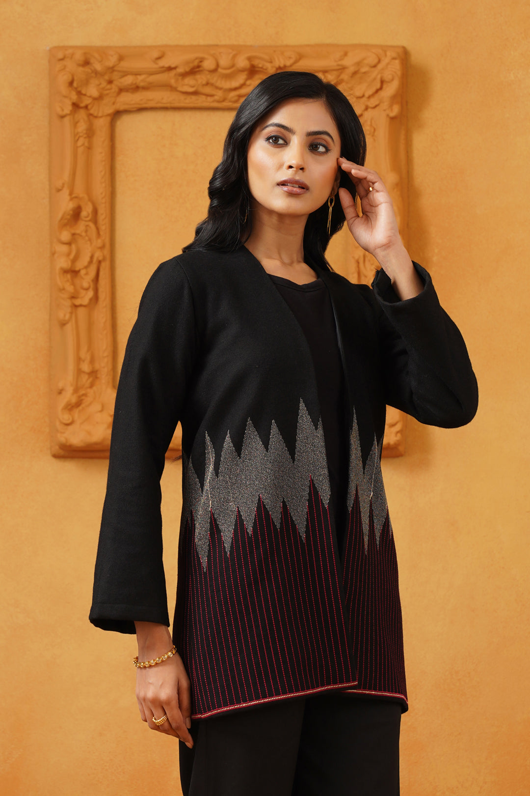 Black & Red Lurex Tweed Embroidered Jacket - Neetika Chopra