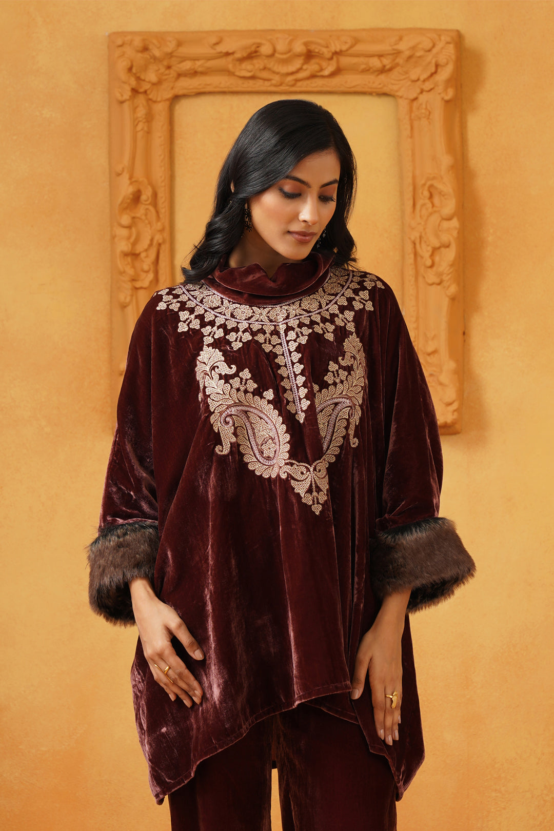 Aqsa Embroidered Velvet Poncho Only - Neetika Chopra