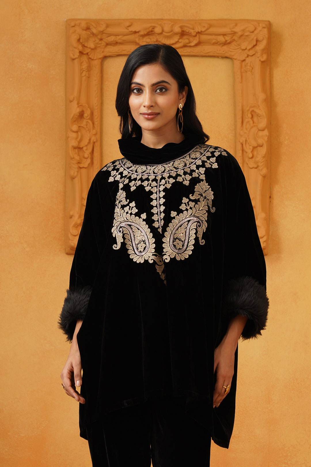 Gulrez Velvet Embroidered Poncho - Neetika Chopra