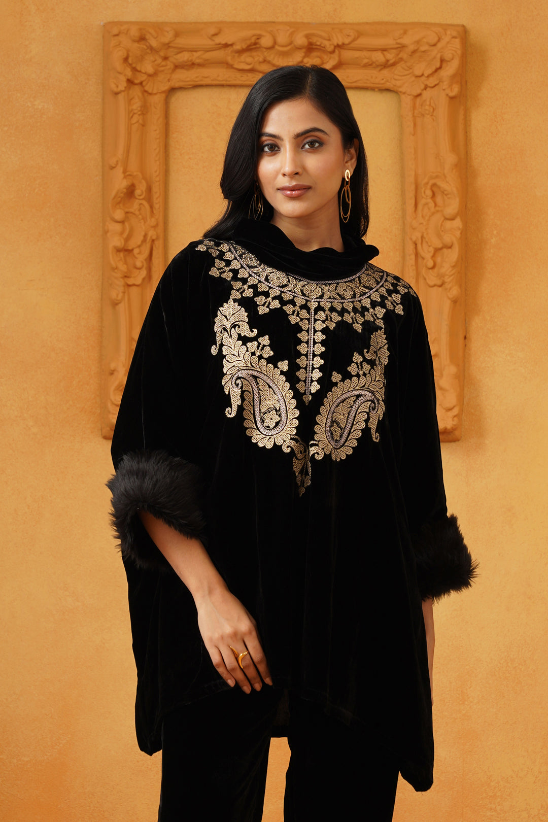 Gulrez Velvet Embroidered Poncho - Neetika Chopra