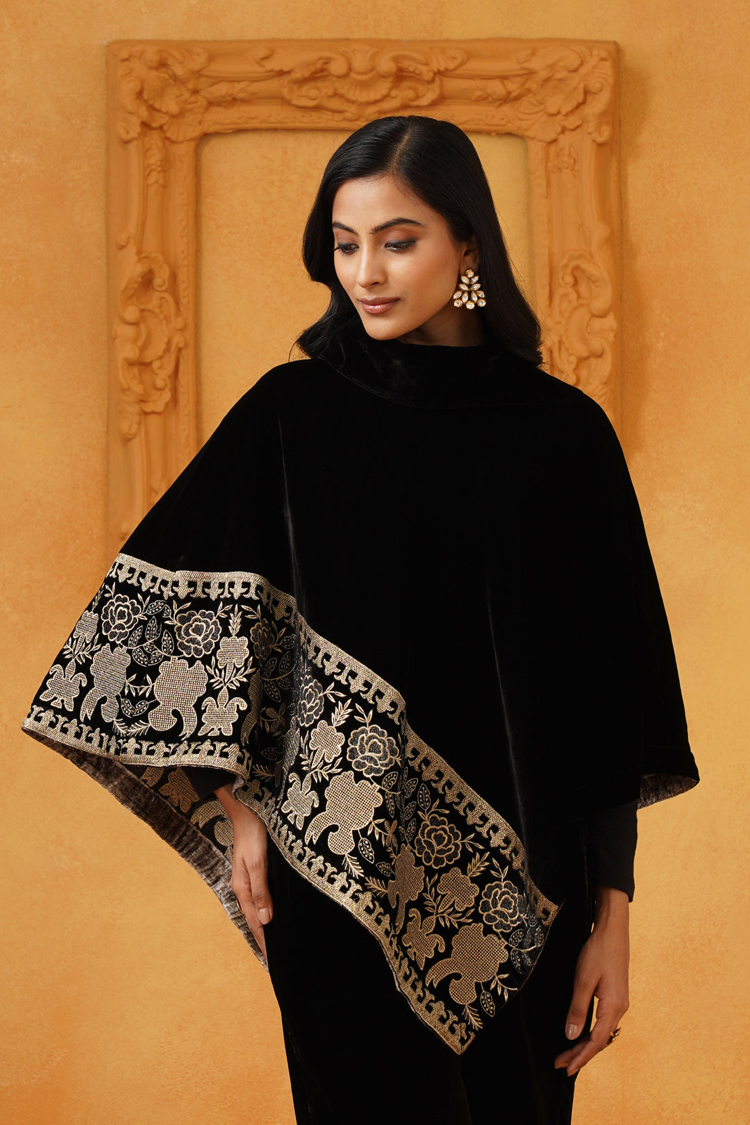 Nayab Velvet Embroidered Poncho - Neetika Chopra