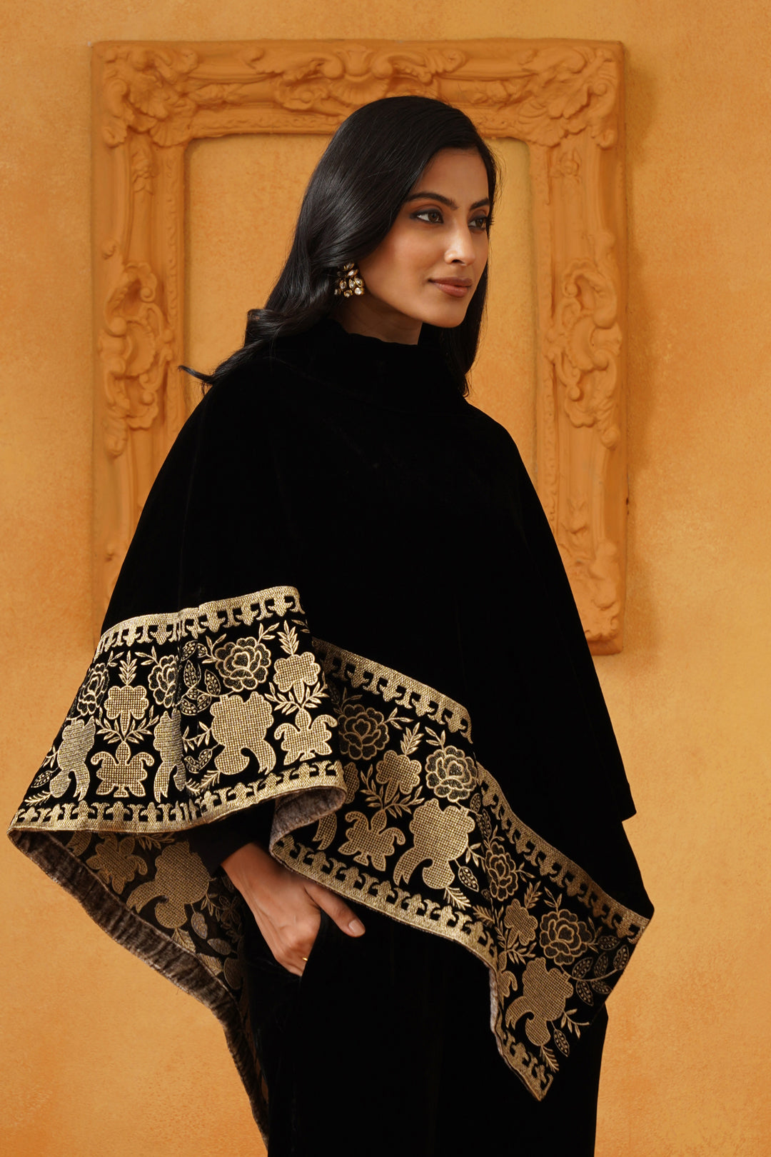 Nayab Velvet Embroidered Poncho - Neetika Chopra