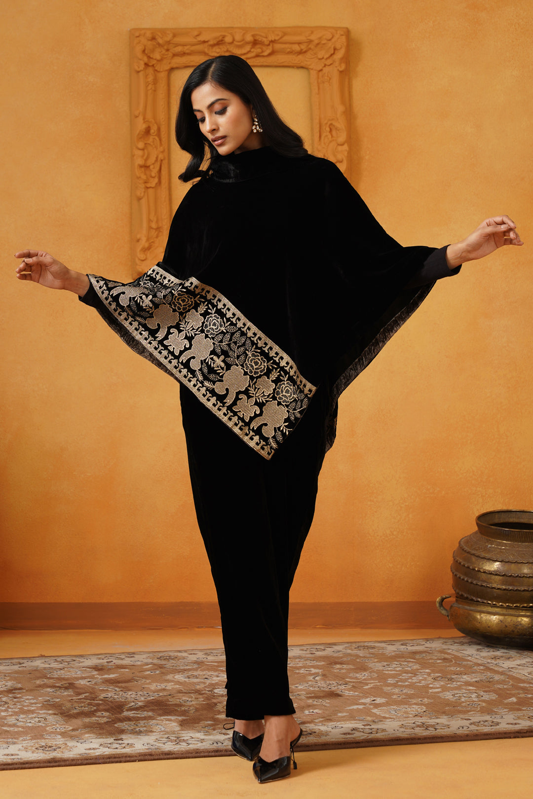 Nayab Velvet Embroidered Poncho - Neetika Chopra