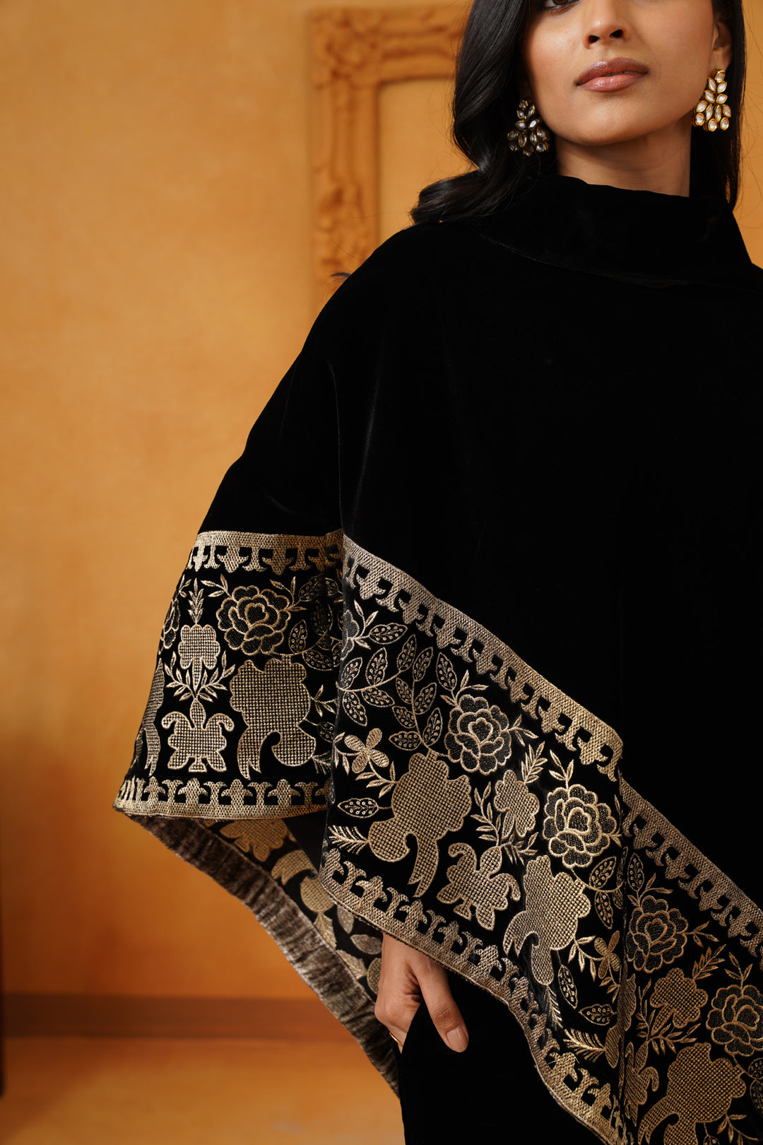 Nayab Velvet Embroidered Poncho - Neetika Chopra