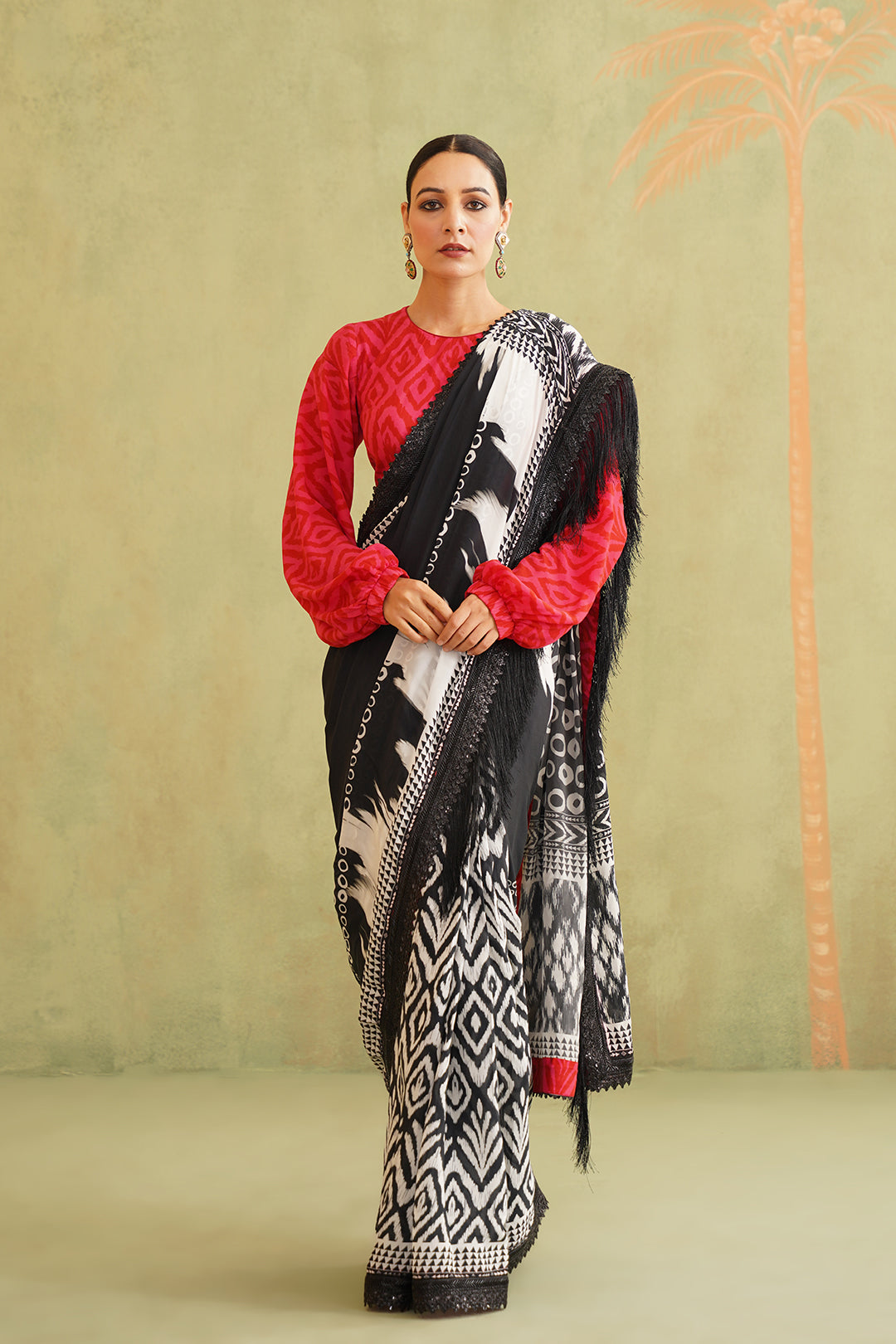 Black and White Pre-Draped Tassel Stitched Saree - Neetika Chopra