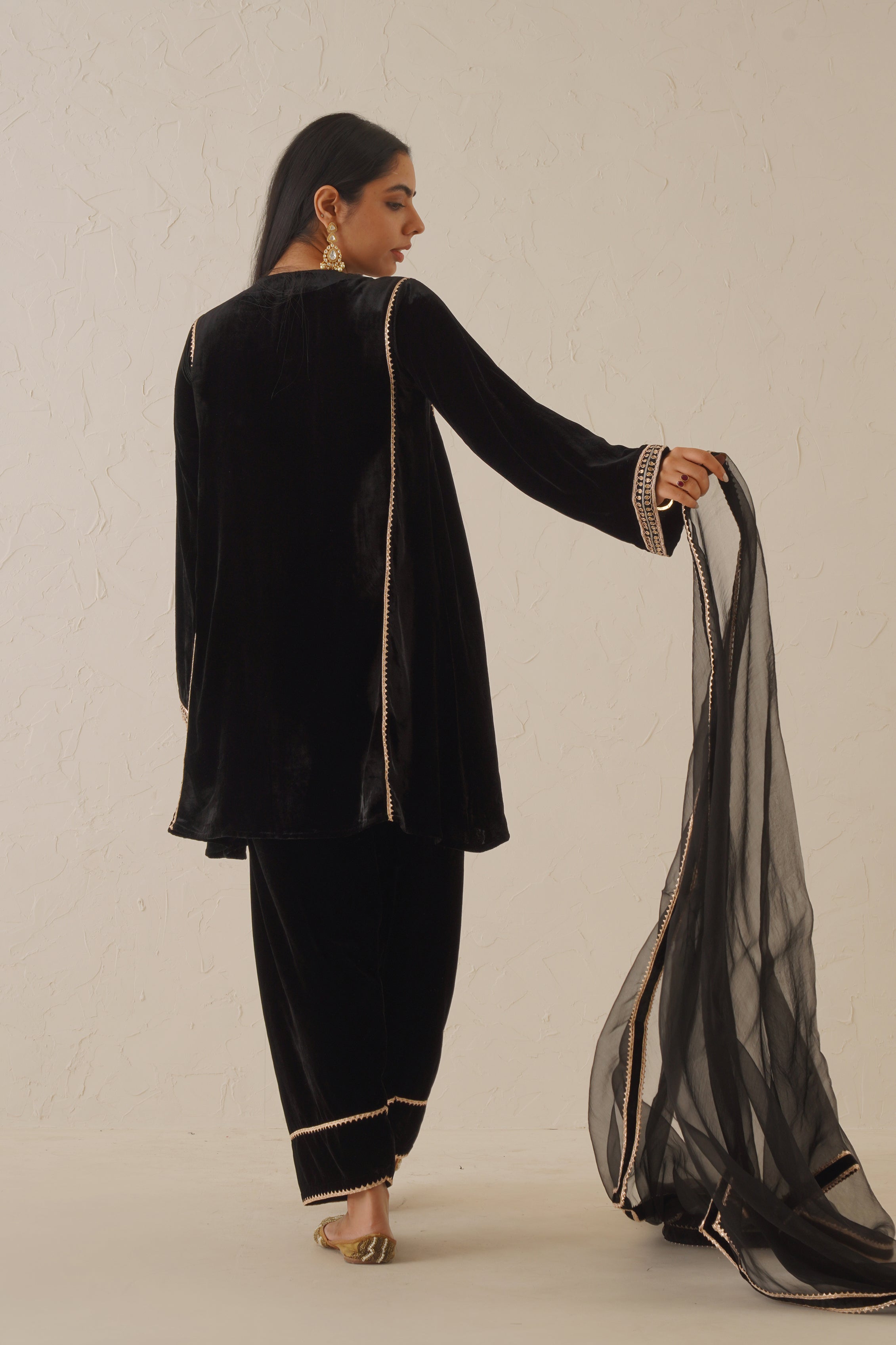 Black Pure Velvet Hand Embroidered Suit Set - Neetika Chopra
