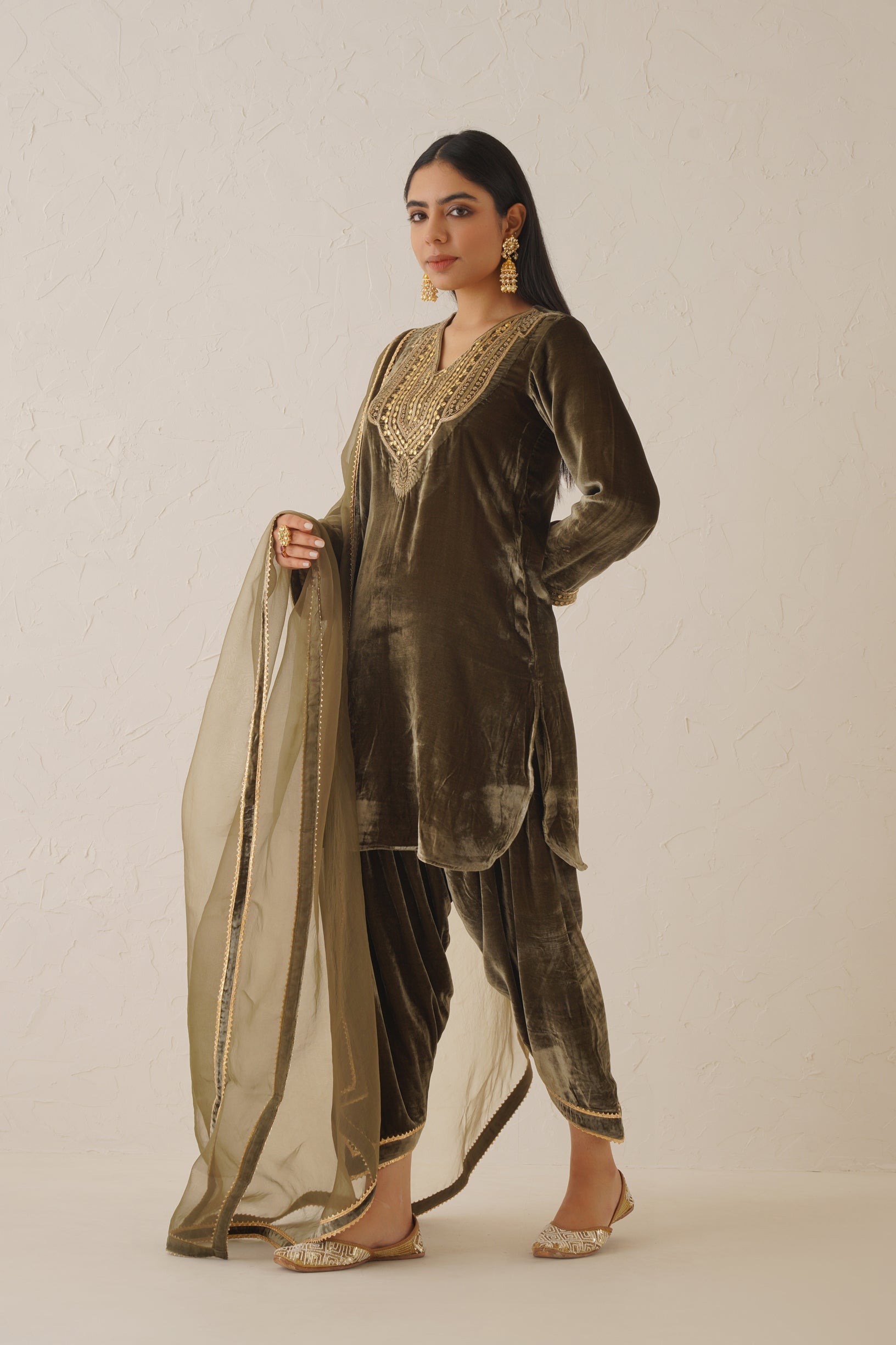 Olive Green Pure Velvet Hand Embroidered Suit Set - Neetika Chopra