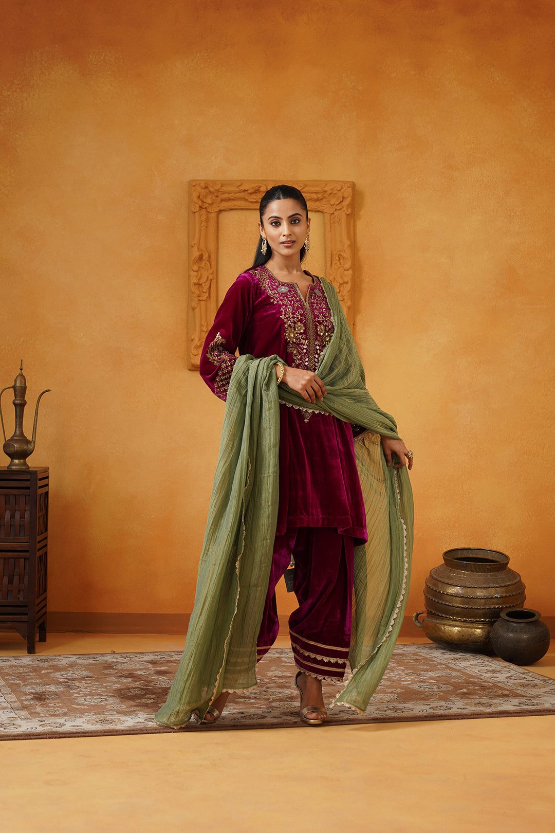 Rubab Velvet Hand Embroidered Matching Set - Neetika Chopra