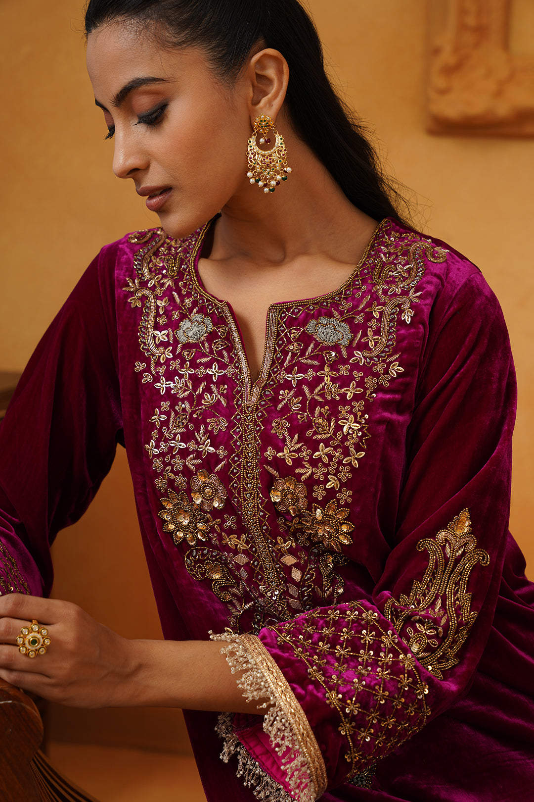 Rubab Velvet Hand Embroidered Matching Set - Neetika Chopra