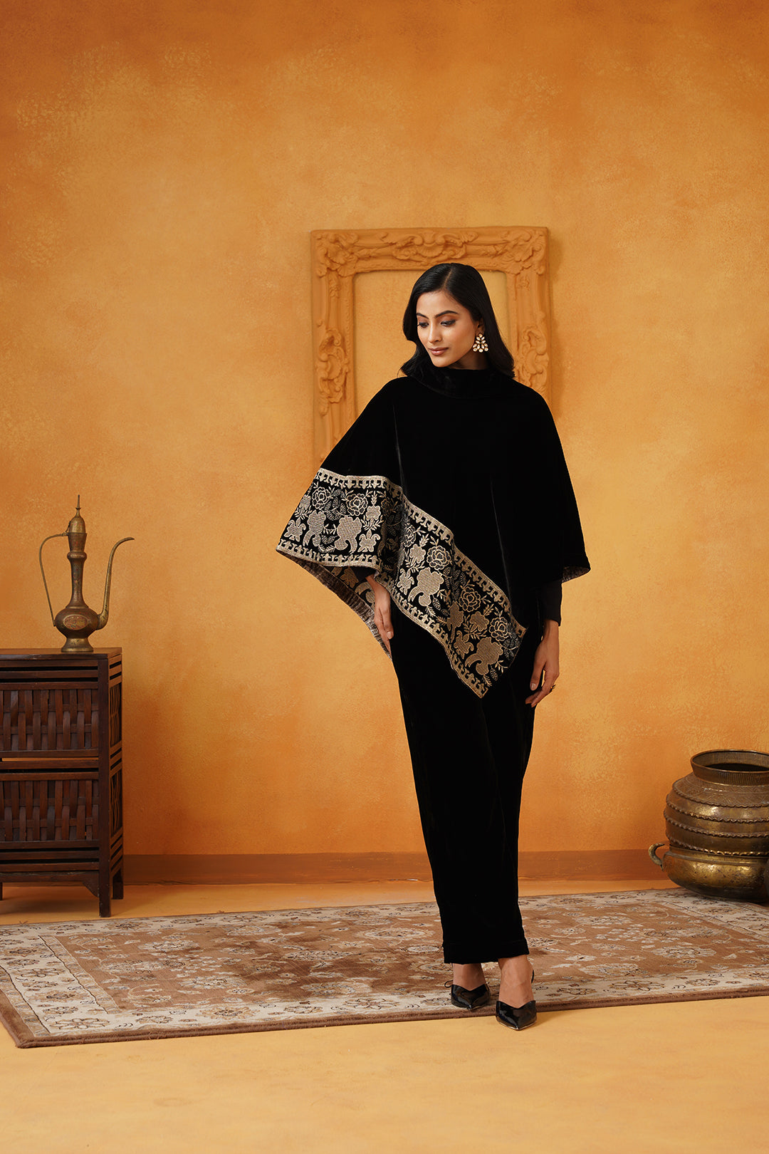 Nayab Velvet Embroidered Poncho Set - Neetika Chopra