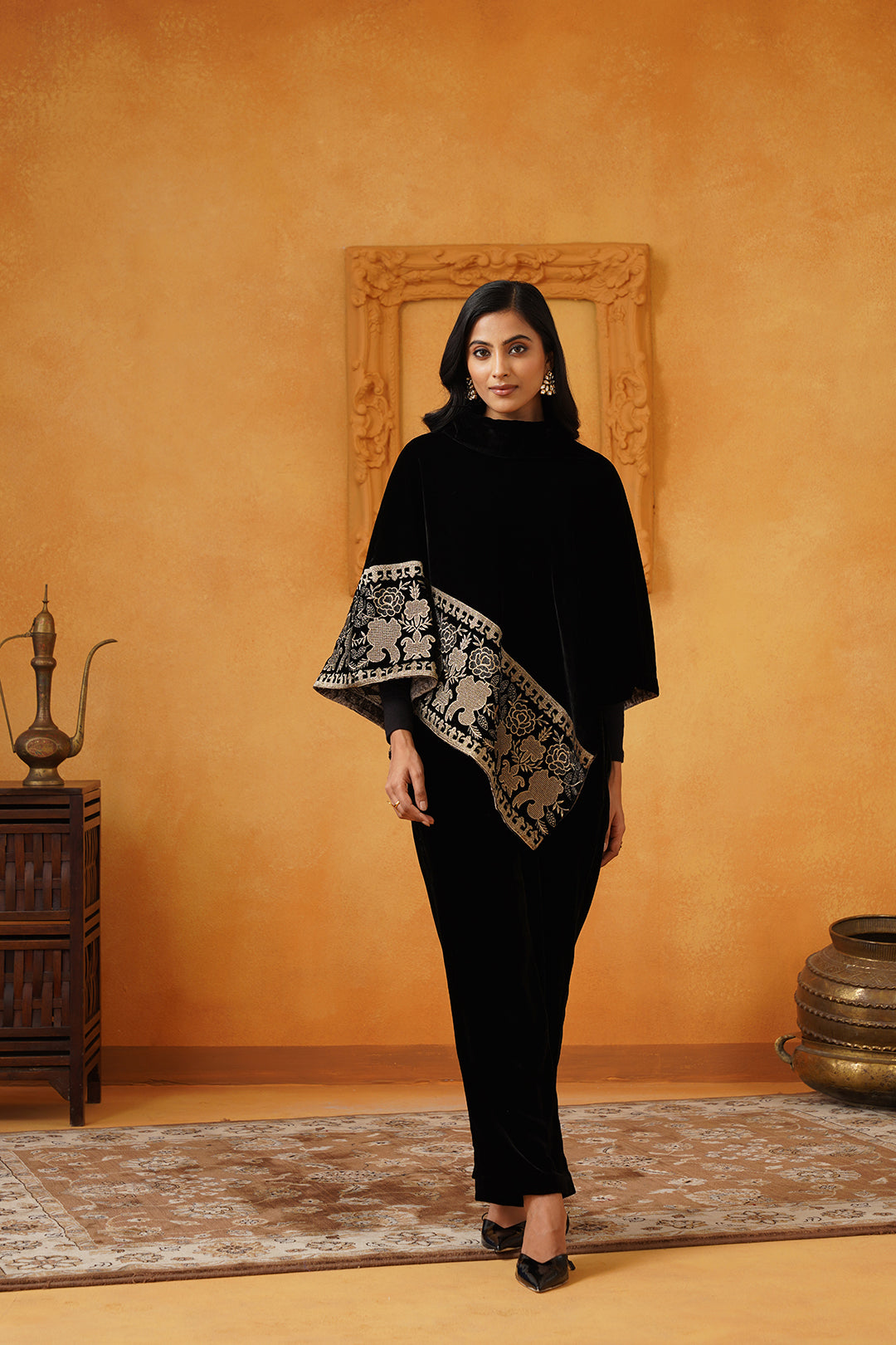 Nayab Velvet Embroidered Poncho Set - Neetika Chopra